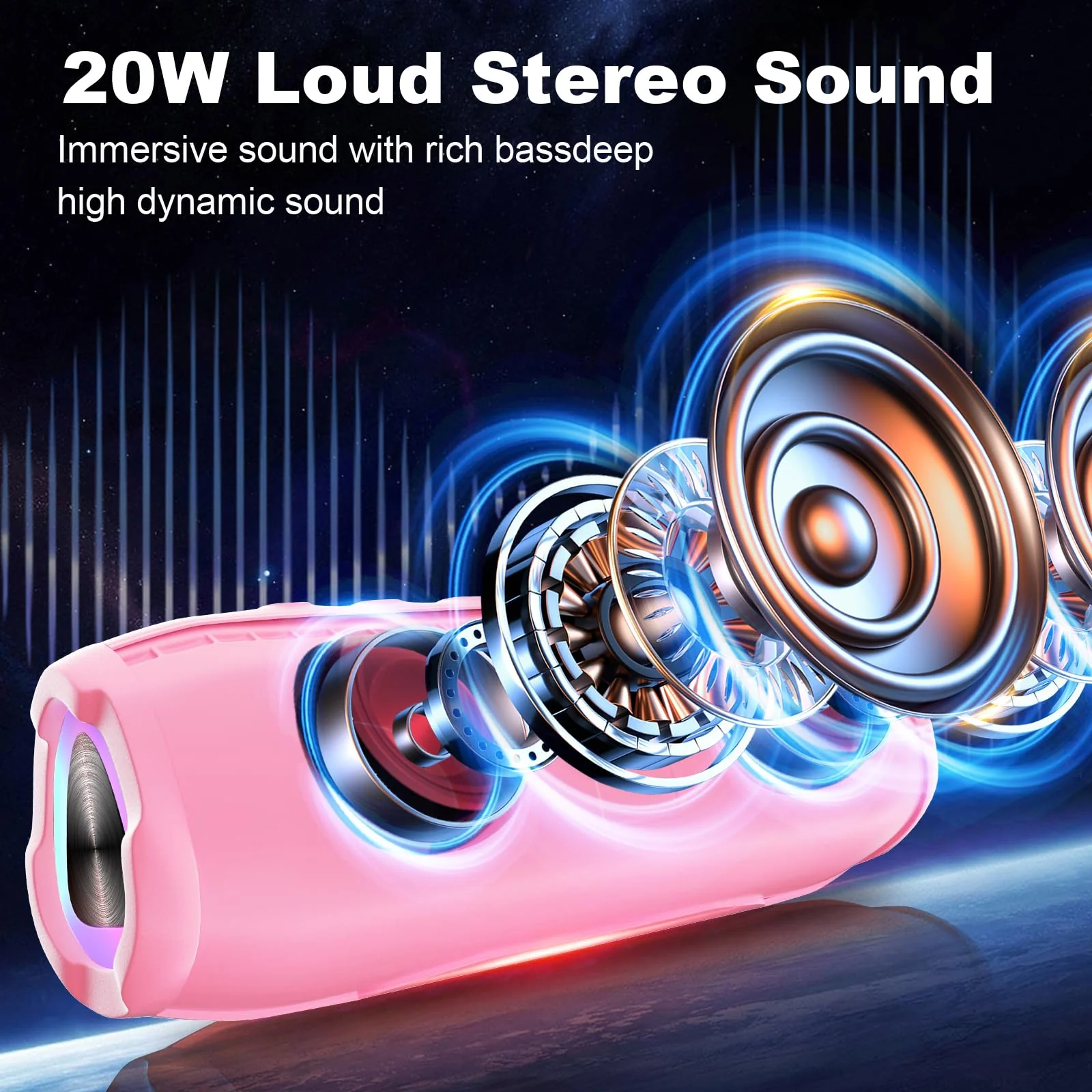 Bluetooth Speakers, Portable Bluetooth Speaker Wireless with 20W Loud Stereo Sound, TWS Pairing, IPX6 Waterproof Shower Speakers, 36H Playtime, RGB Light Speaker, Built-in Radio Mode Light Pink - Image 4