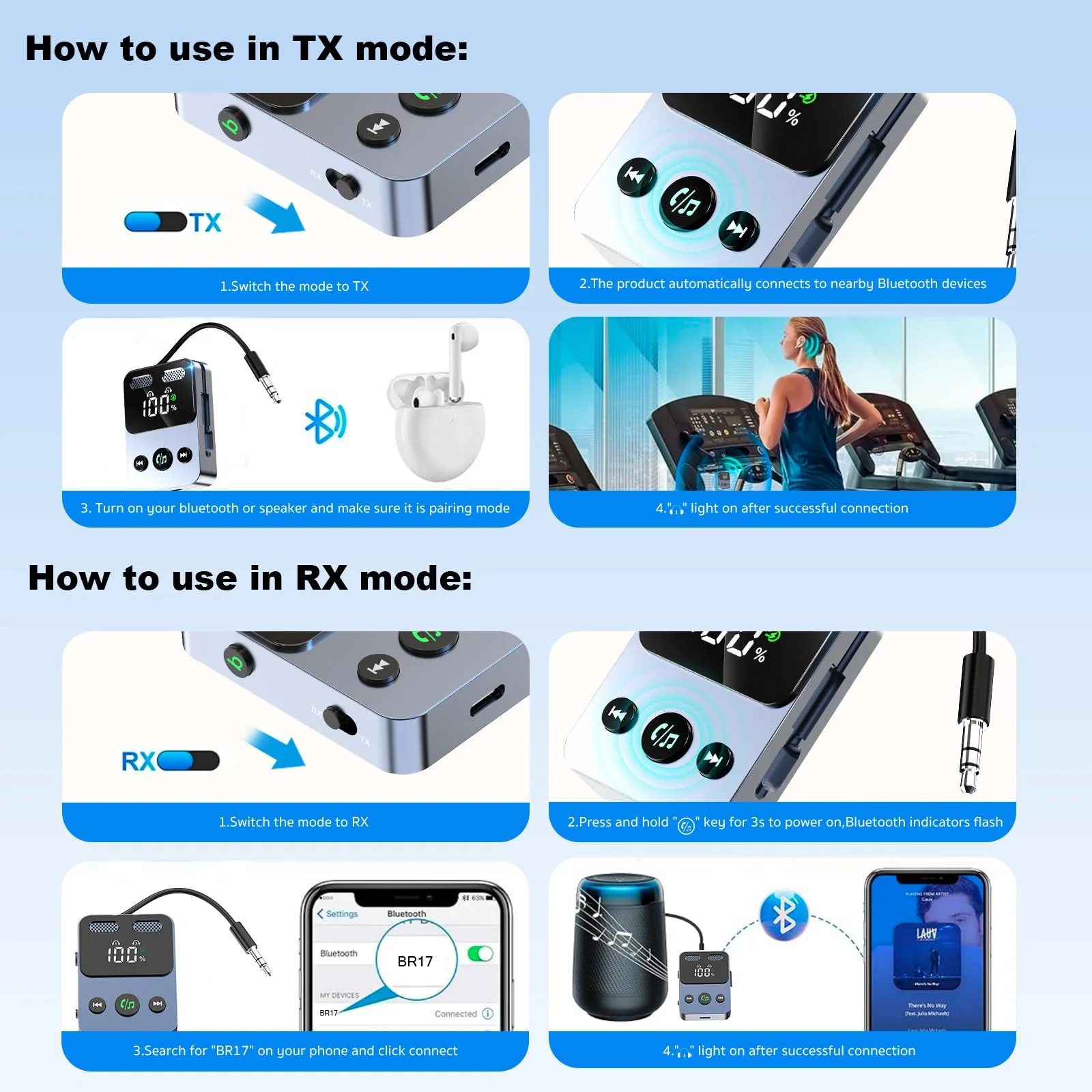 Bluetooth Transmitter Receiver, 2-in-1 Bluetooth 5.3 Adapter for TV, Airplane, Gym Equipment, Cars, PC, Supports to 2 Wireless Headphones, Cell Phones, Wireless Receiver for Car, Home Stereo - Image 9