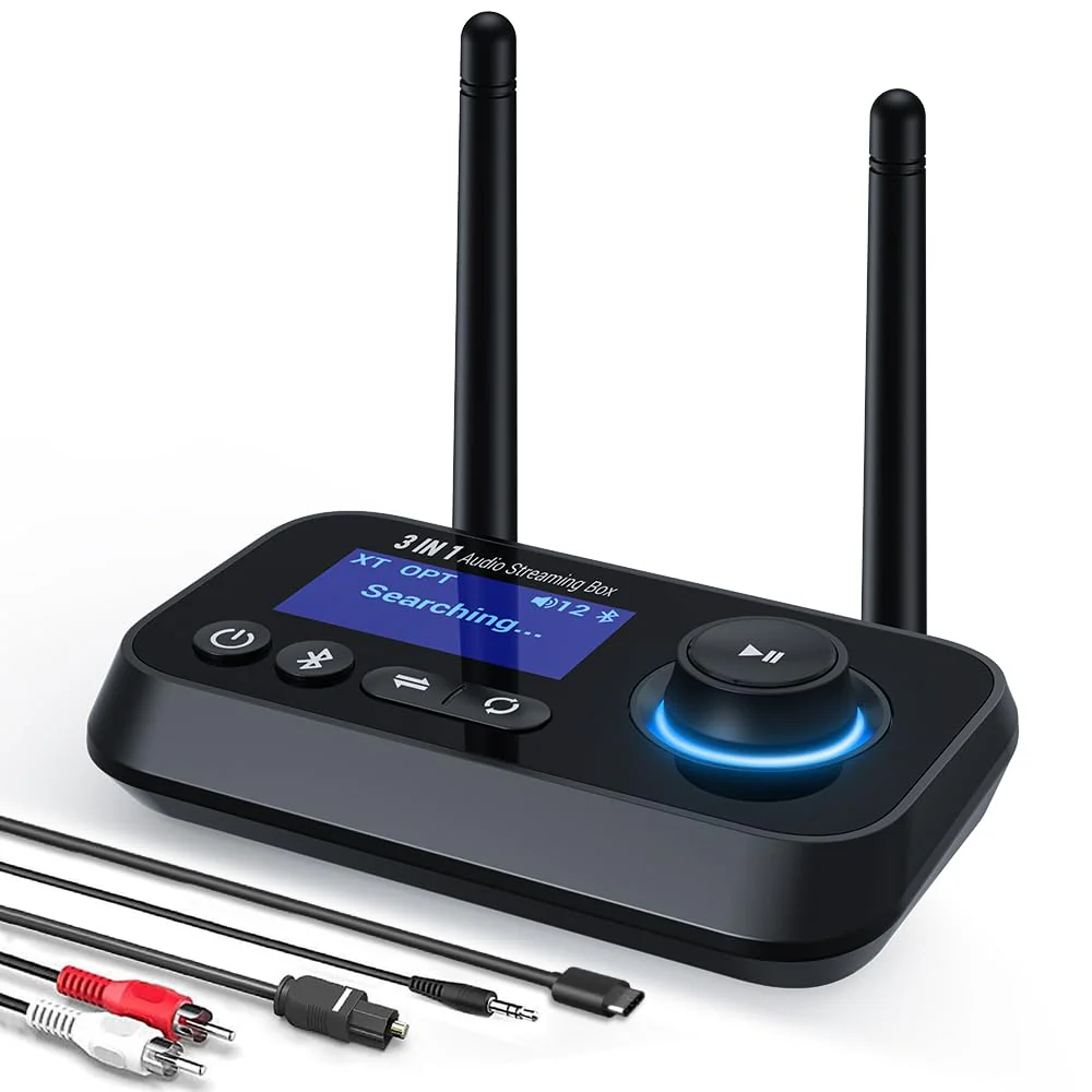 Bluetooth Transmitter Receiver 3-in-1 Bluetooth 5.3 Audio Adapter for 2 Headphones with Dual Antenna Bypass Volume Control LCD Display 3.5mm Aux/Optical/RCA for Home Stereo TV Speaker PC