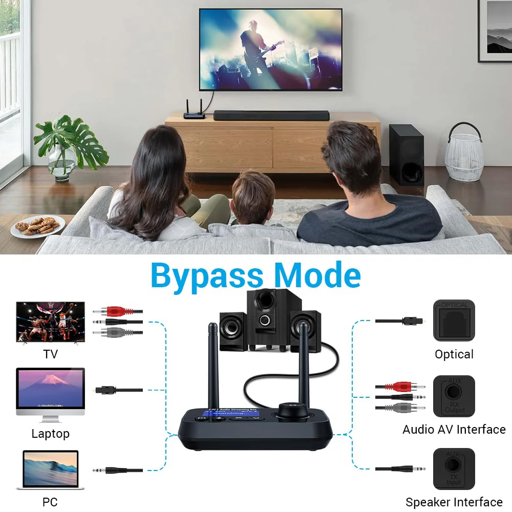 Bluetooth Transmitter Receiver 3-in-1 Bluetooth 5.3 Audio Adapter for 2 Headphones with Dual Antenna Bypass Volume Control LCD Display 3.5mm Aux/Optical/RCA for Home Stereo TV Speaker PC - Image 5