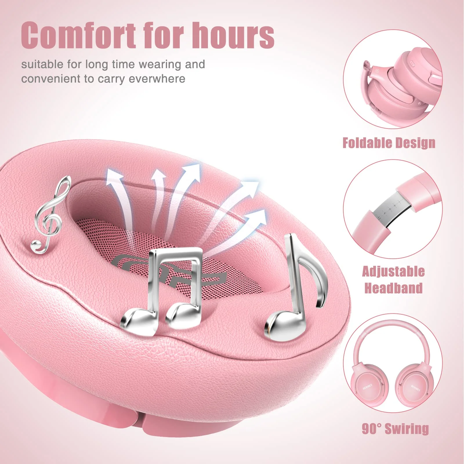 Bluetooth Wireless Headphones Over Ear,BERIBES 65H Playtime and 6 EQ Music Modes with Microphone, HiFi Stereo Foldable Lightweight Headset, Deep Bass for Home Office Cellphone PC Etc.(Pink) Pink - Image 4