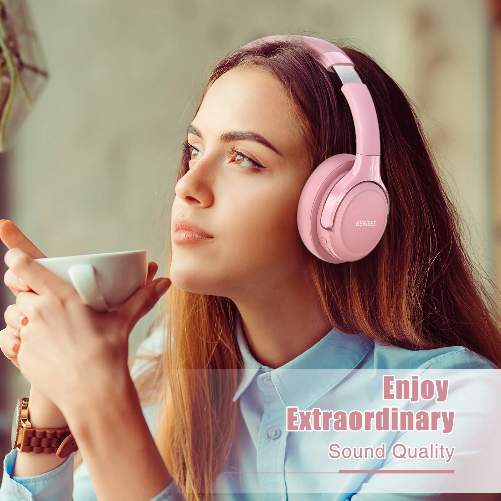 Bluetooth Wireless Headphones Over Ear,BERIBES 65H Playtime and 6 EQ Music Modes with Microphone, HiFi Stereo Foldable Lightweight Headset, Deep Bass for Home Office Cellphone PC Etc.(Pink) Pink - Image 5
