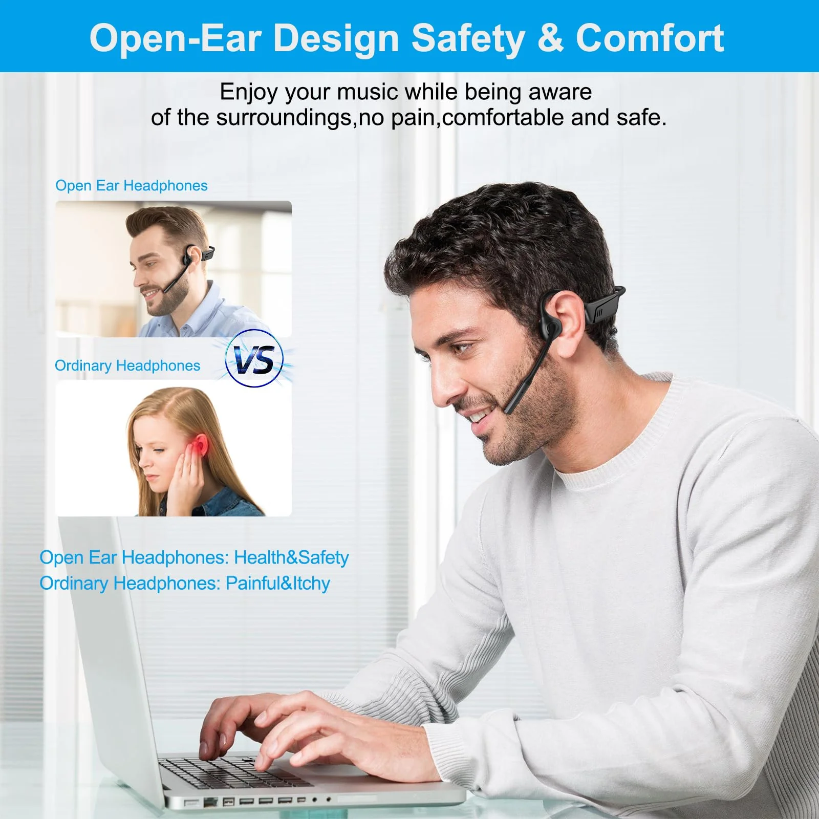 Bluetooth Wireless Headset,Open Ear Wireless Headphones with Mic, Wired Speakers,Hands-Free Call,Dual Connection,Audio Receiver for Business, PC/PS4/PS5/Online Teaching/Meeting/Call Center - Image 4