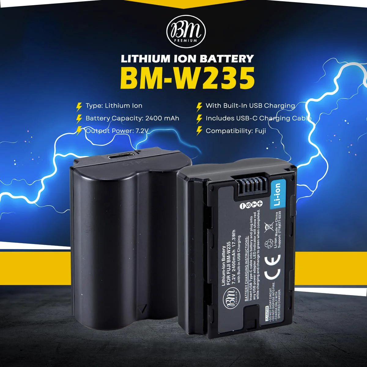 BM Premium NP-W235 Battery with Built-in Charging Port Compatible with Fujifilm X-S20, X-T4, X-T5, X-H2S, GFX 50S II, GFX 100RF, GFX 100S, GFX 100S II, GFX100 II Cameras, VG-XT4 Vertical Battery Grip - Image 2