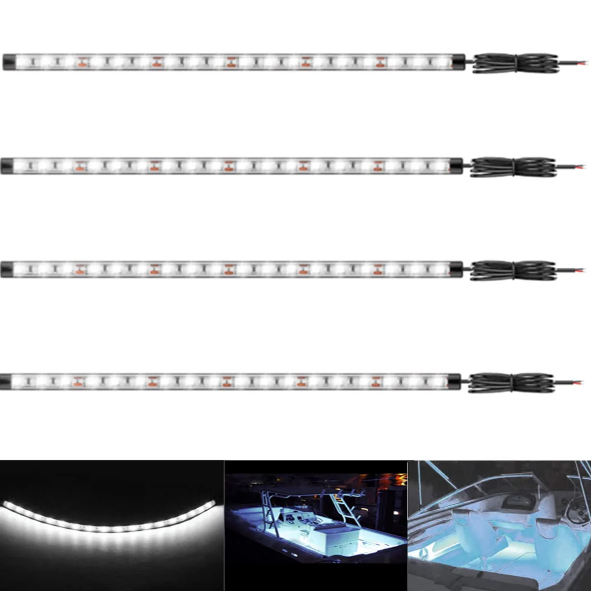 Boat Led Strip Lights, 4 Pcs 24'' Marine Interior Courtesy Deck Navigation Lights, Super Bright Waterproof Marine Led Lights Strip for 12V Pontoon Fishing Boat Yacht Kayak Sailboat (White) White