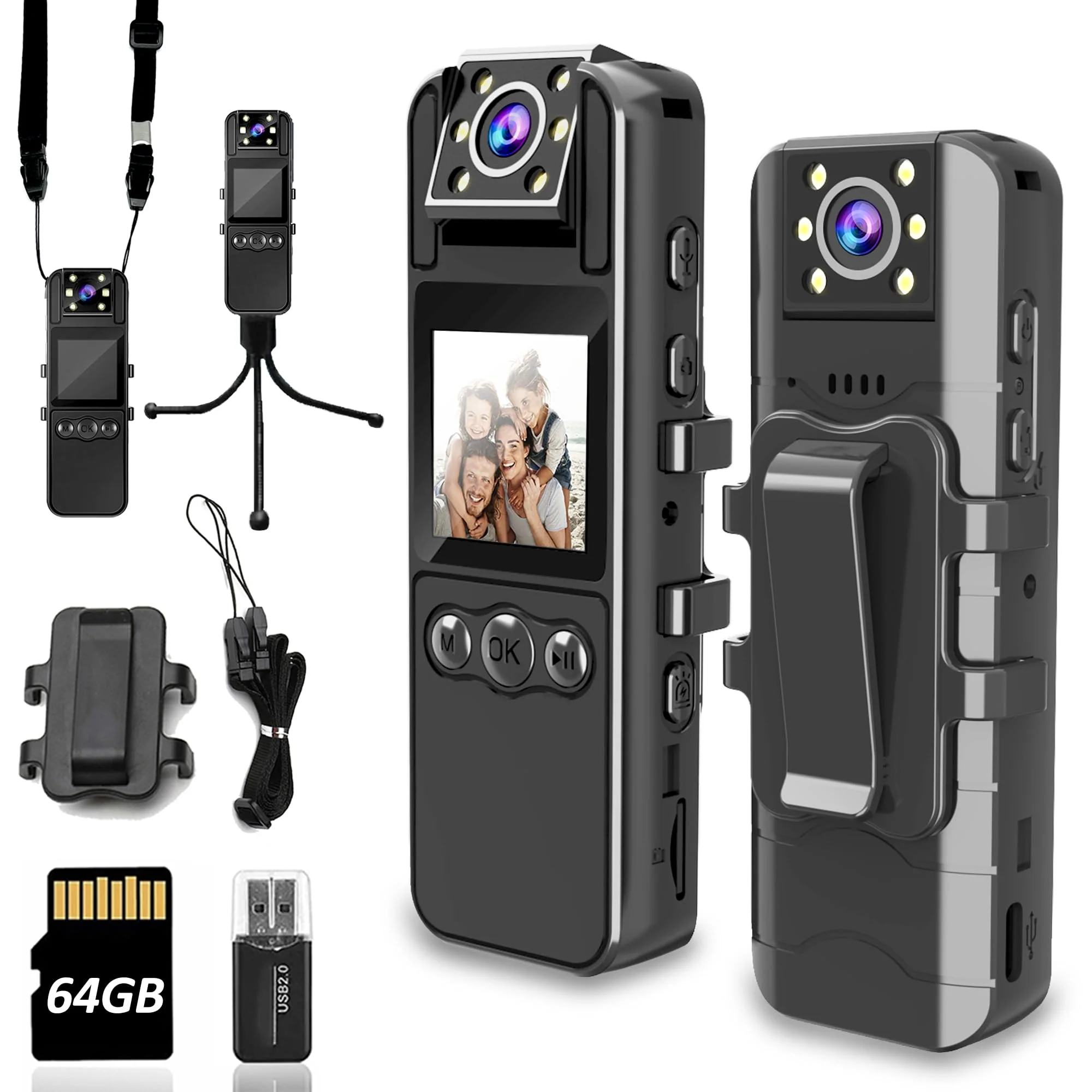 Body Camera with Audio and Video Recording, HD 1080P Body Cam with 180° Rotating Lens, 6HR Battery, Night Vision, Body Worn Camcorder, for Personal Civilians, Police Law Enforcement (64GB) 64GB Card