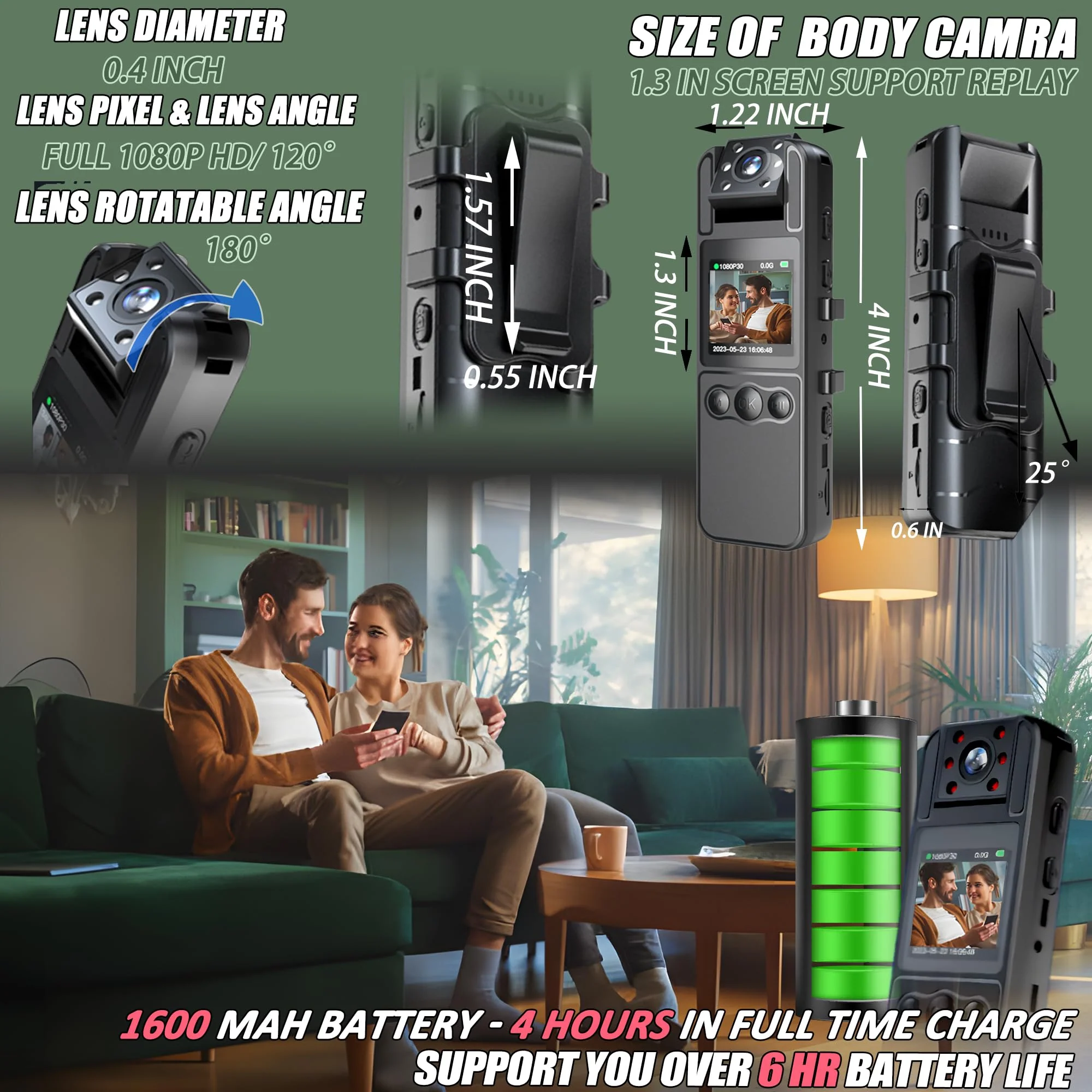 Body Camera with Audio and Video Recording, HD 1080P Body Cam with 180° Rotating Lens, 6HR Battery, Night Vision, Body Worn Camcorder, for Personal Civilians, Police Law Enforcement (64GB) 64GB Card - Image 3