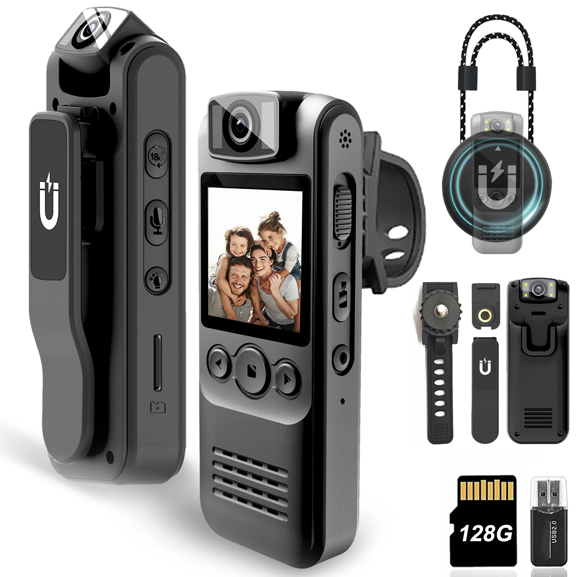 Body Camera with Audio & Video Recording- 64GB 1080P HD Police Cop Cam for Outdoor Law Enforcement Guard Travel Cameras- With Magnetic Clip Flashlight 6HR Battery Recorder (Black No Lanyard) Black 128G