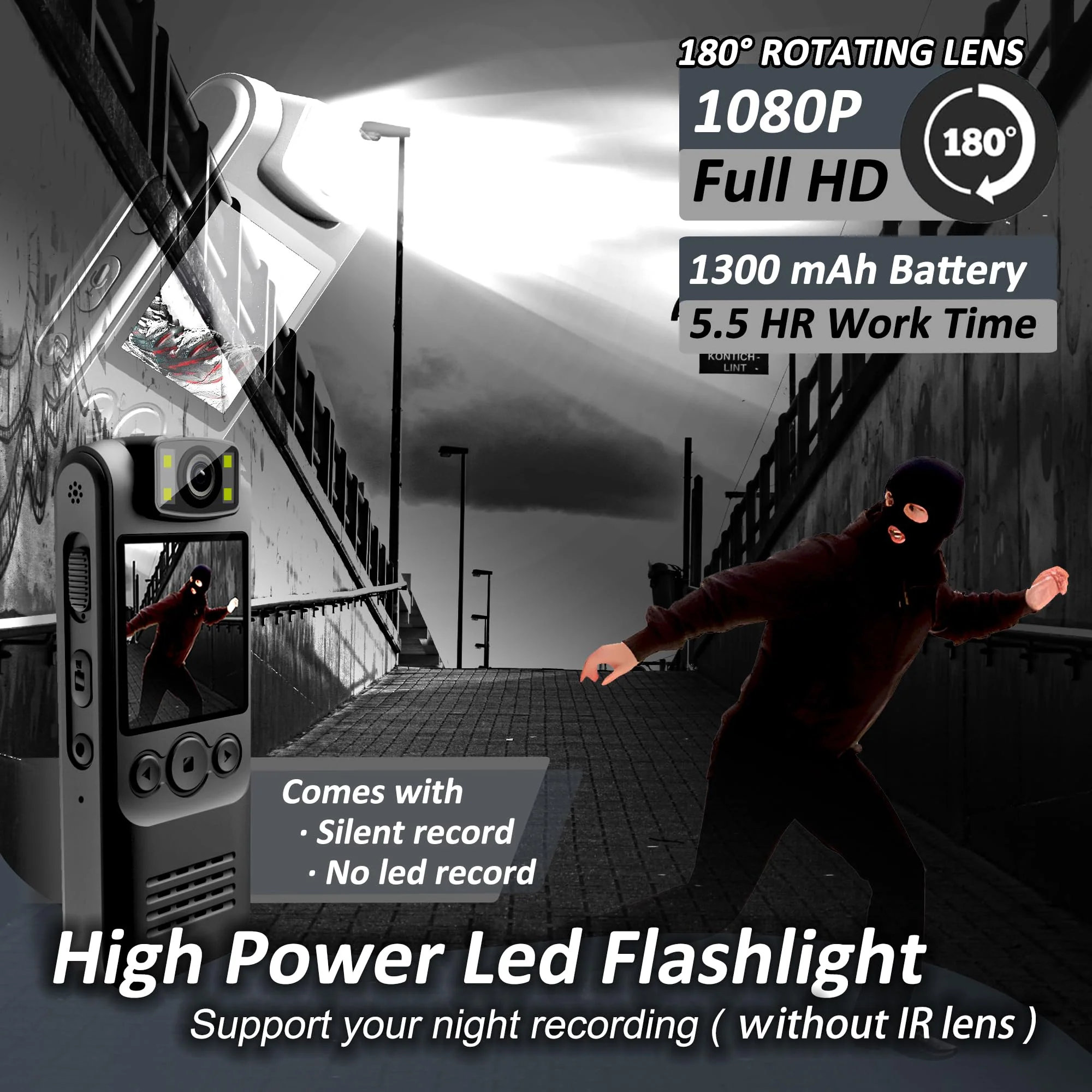 Body Camera with Audio & Video Recording- 64GB 1080P HD Police Cop Cam for Outdoor Law Enforcement Guard Travel Cameras- With Magnetic Clip Flashlight 6HR Battery Recorder (Black No Lanyard) Black 128G - Image 4