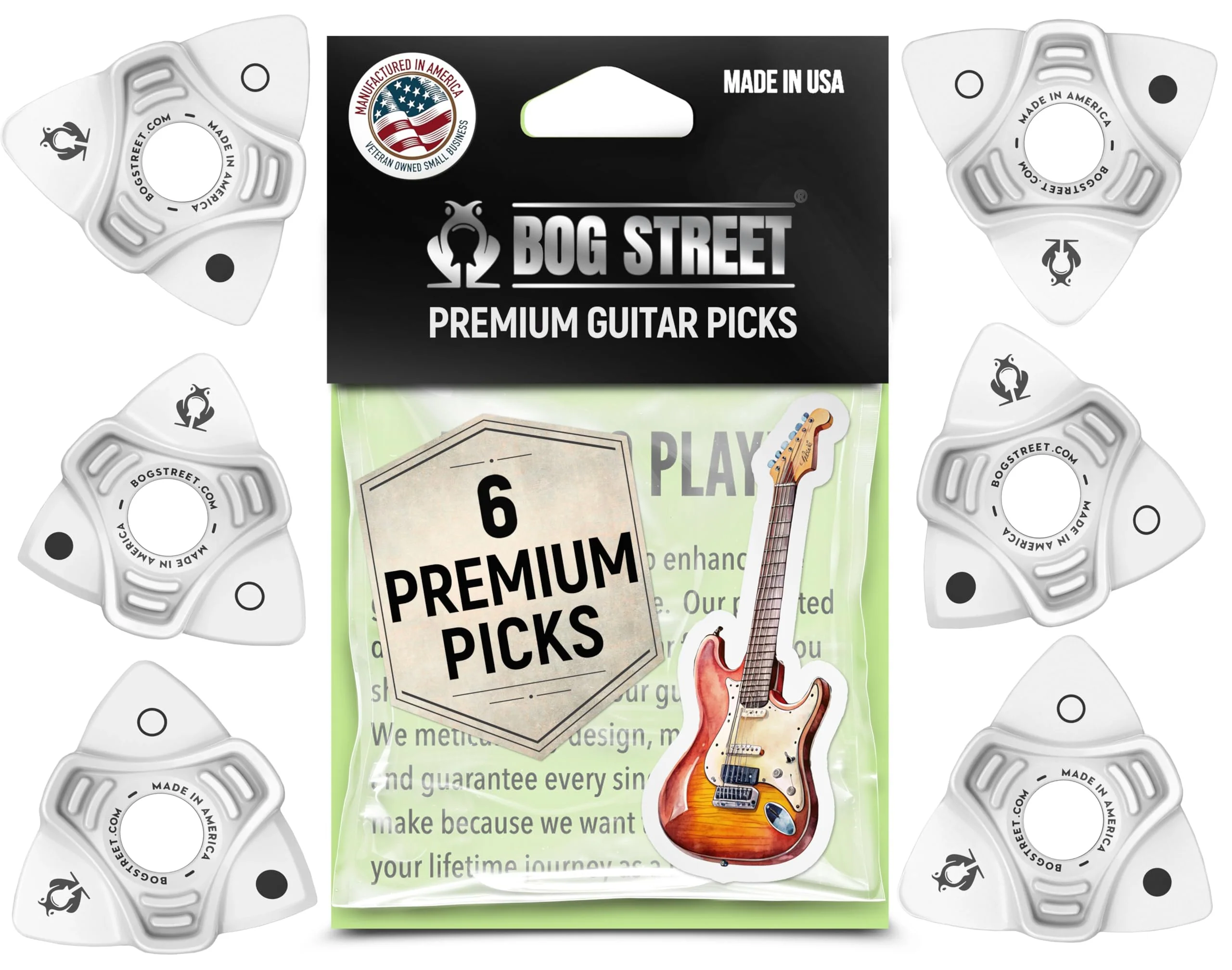 Bog Street Lead & Rhythm (Leap Series) Non-Slip Guitar Picks Made in USA Pack of 6 Plectrum for Guitar for Beginners & Hand Impairments