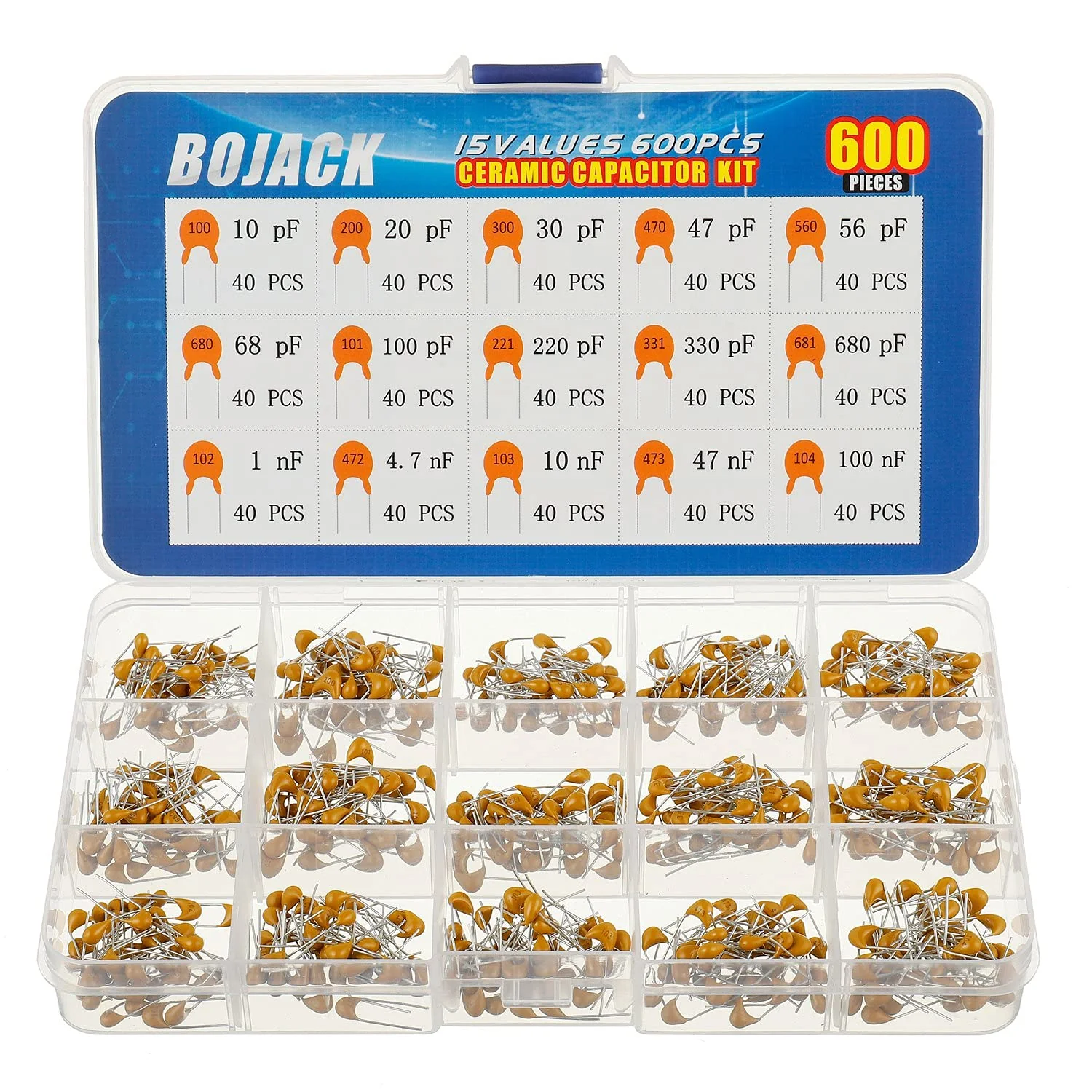 BOJACK 600-Piece 15 Value Ceramic Capacitor Kit (10 pF, 20 pF, 30 pF, 47 pF, 56 pF, 68 pF, 100 pF, 220 pF, 330 pF, 680 pF, 1 nF, 4.7 nF, 10 nF, 47 nF, 100 nF)