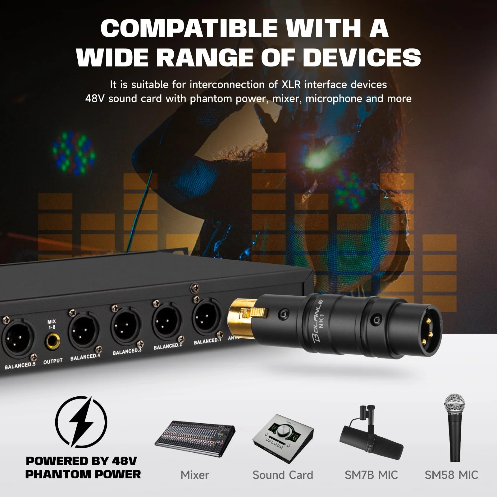 Bolanle Microphone Preamps 28dB Gain XLR Male to Female Adapter with Gold-Plated Connectors, 48V Phantom Power for SM7B/SM58 Mics, Mixer, Sound Card (Black) BLACK - Image 4