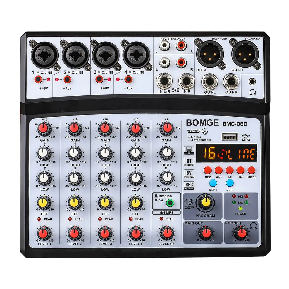 BOMGE 6 Channel Audio Sound Mixer - Professional Digital DJ Mixing Console for Live Streaming, Karaoke and Stereo Recording - With PC Computer Record Playback/Bluetooth/MP3/USB/48V /16 DSP Echo Black