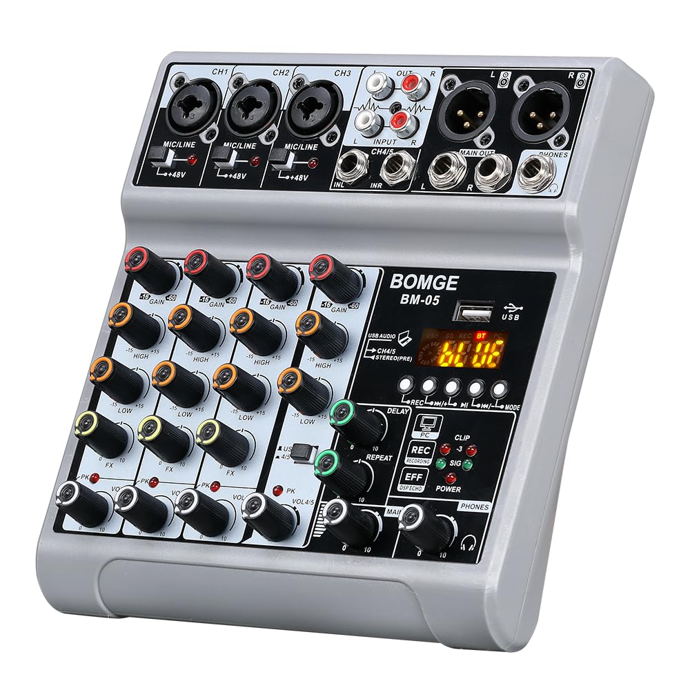 BOMGE Audio Mixer, Sound Board Mixing Console with 5 Channel Digital USB Bluetooth Echo Delay Effect, 48V Phantom Power Stereo DJ Mixers for Recording, Live Streaming, Podcasting (BM-05 5 canales) BM-05 5 canales