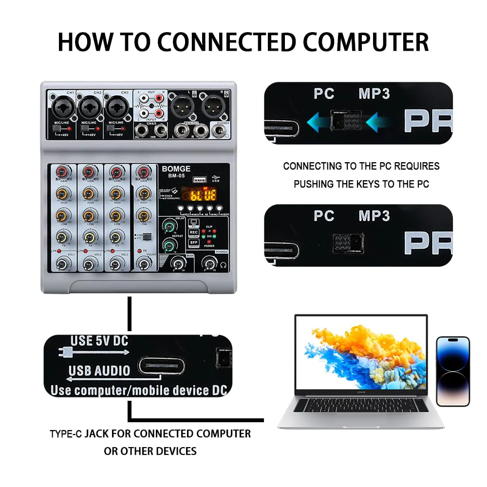 BOMGE Audio Mixer, Sound Board Mixing Console with 5 Channel Digital USB Bluetooth Echo Delay Effect, 48V Phantom Power Stereo DJ Mixers for Recording, Live Streaming, Podcasting (BM-05 5 canales) BM-05 5 canales - Image 4