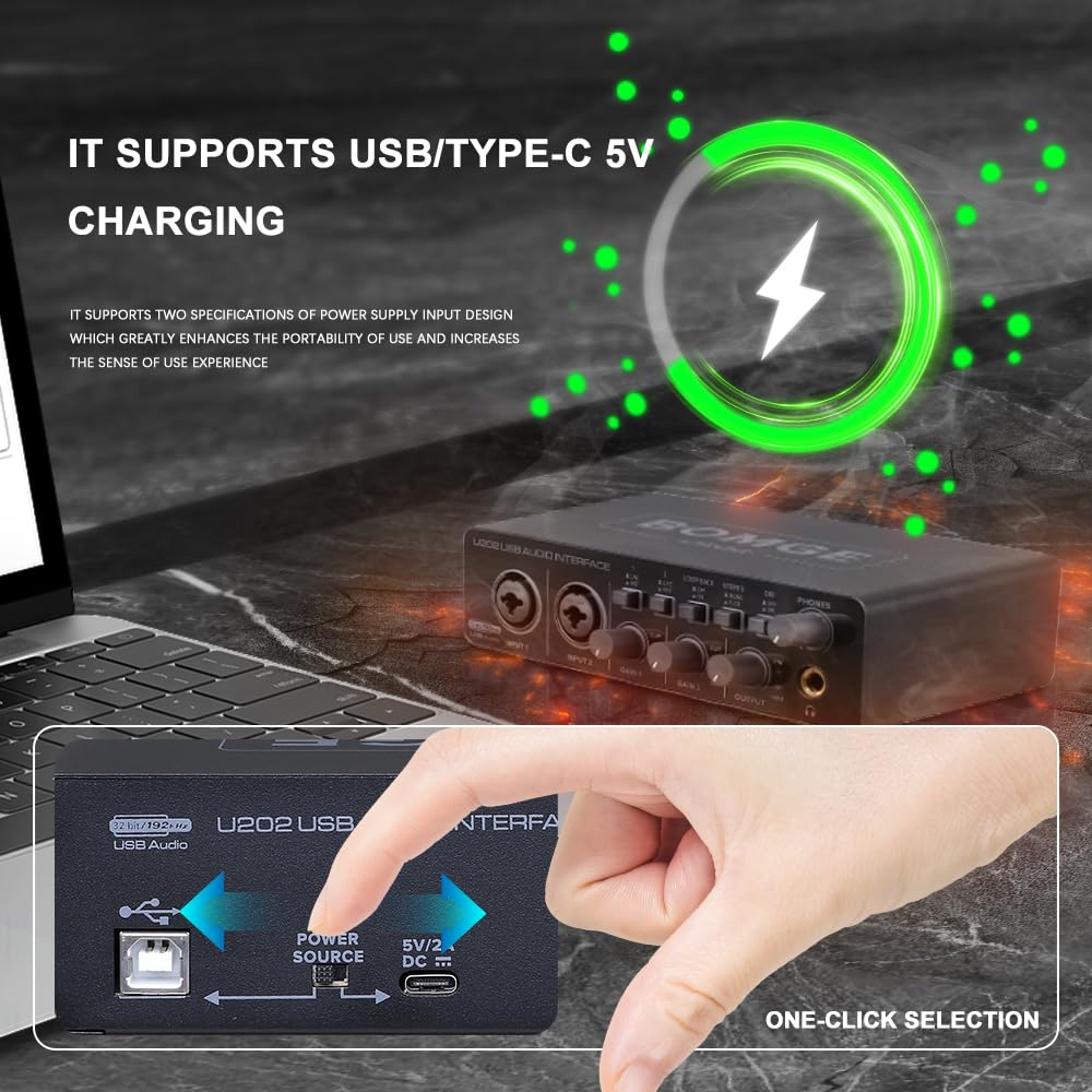 BOMGE U202 USB Audio Interface with Mic Preamplifier XLR/TSR/TS Ports,48V,32-Bit/192kHz Resolution fro computer recording,Streaming,Podcasting - Image 2