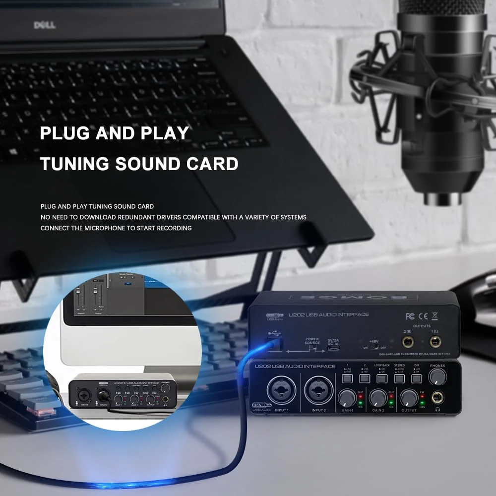 BOMGE U202 USB Audio Interface with Mic Preamplifier XLR/TSR/TS Ports,48V,32-Bit/192kHz Resolution fro computer recording,Streaming,Podcasting - Image 4