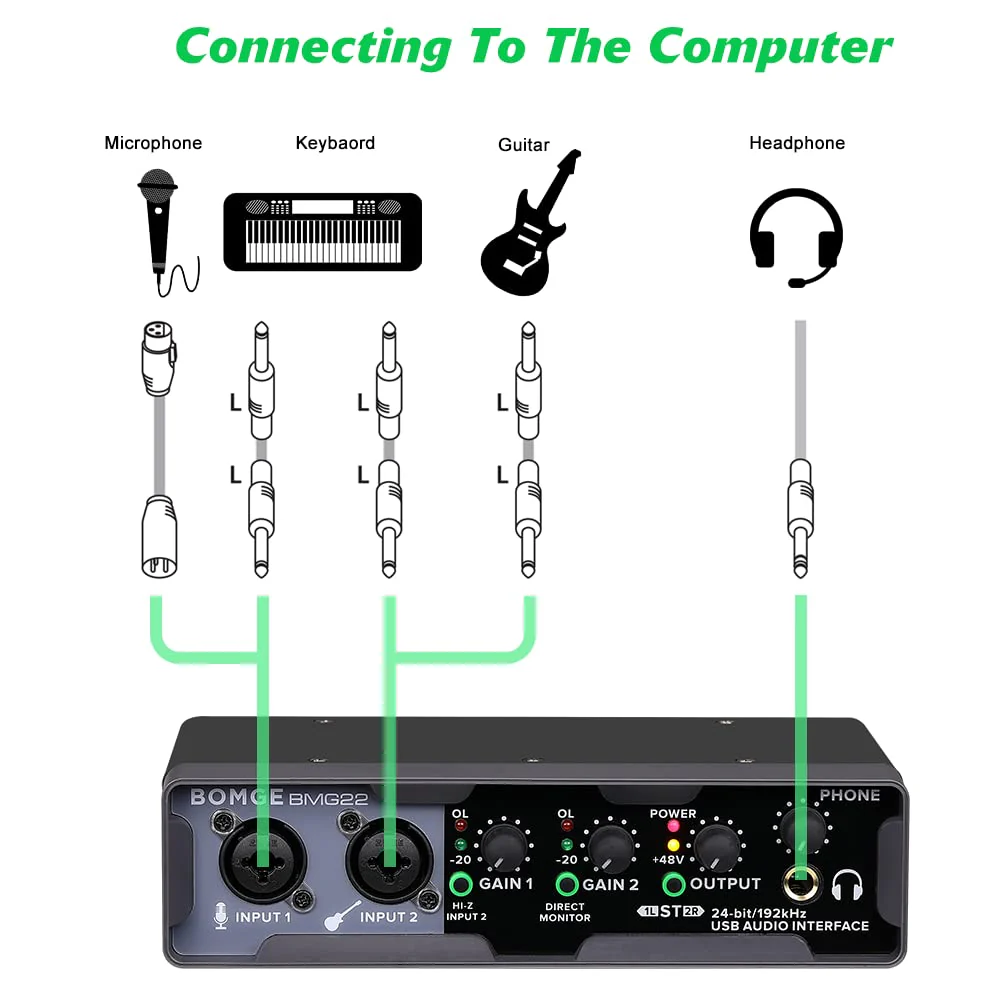 BOMGE USB Audio Interface(32bit/192 kHz) with XLR,phantom power,Direct Monitoring,Loopback for PC Recording,Streaming,Guitarist,Vocalist and Podcasting - Image 8