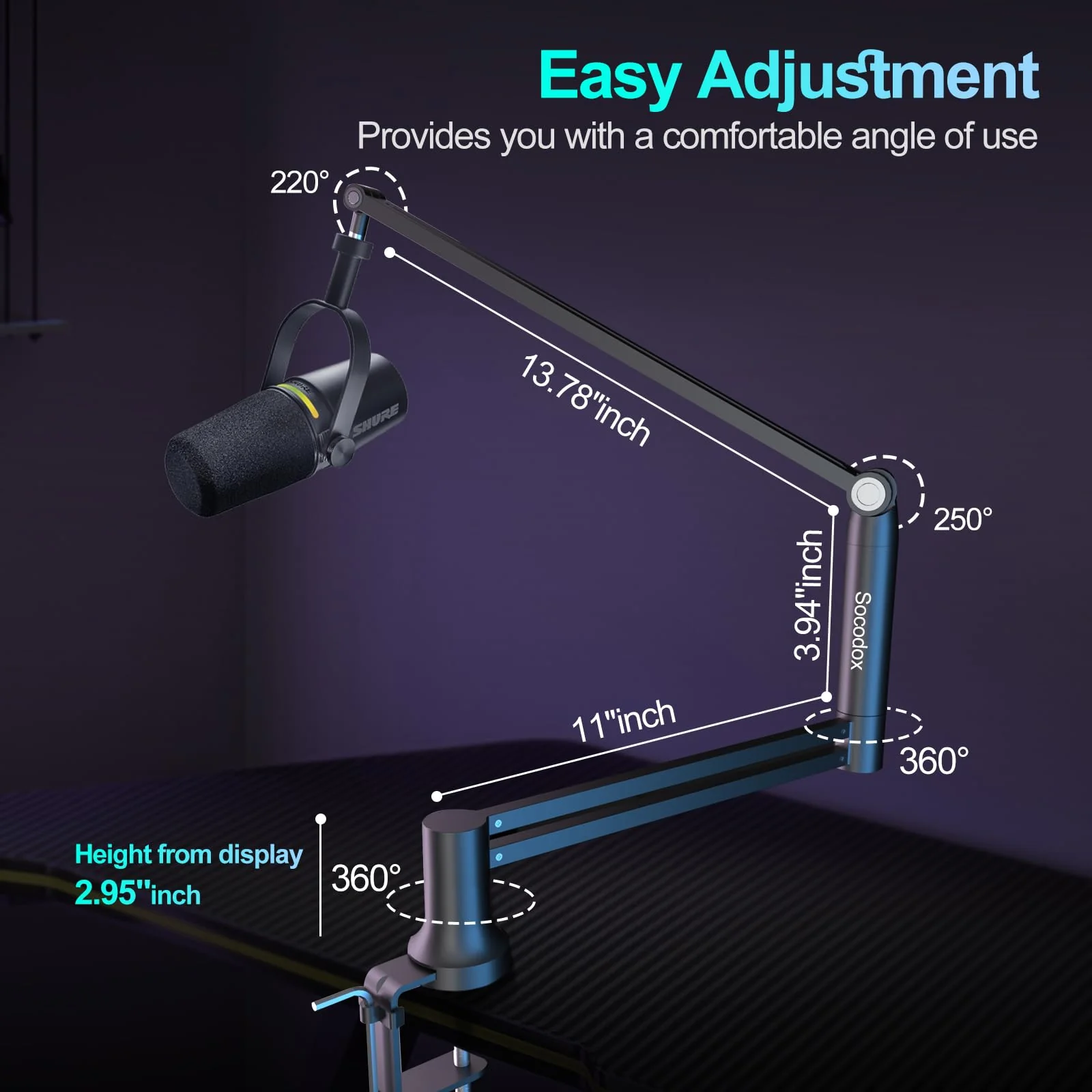 Boom Arm, Low Profile Microphone Stand for Blue Yeti, Mic Arm Microphone Arm with 3/8" to 5/8" Adapter Holds Up to 3.3lbs - Image 5
