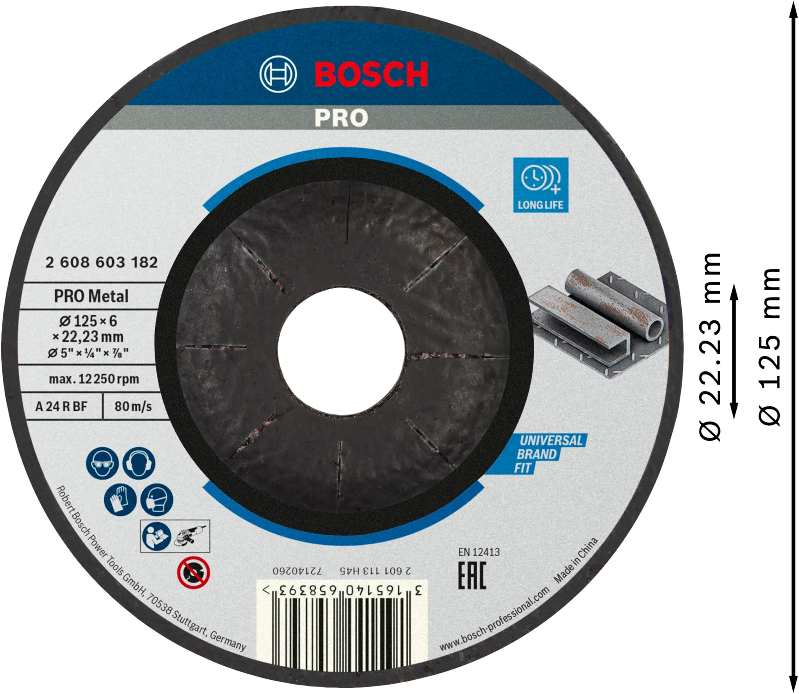 Bosch 1x PRO Metal Longlife Grinding Disc for Small Angle Grinder and Bore 22.23 mm (for Steel, Ø 125 mm, Professional Accessory Small Angle Grinder) Grey - Image 2