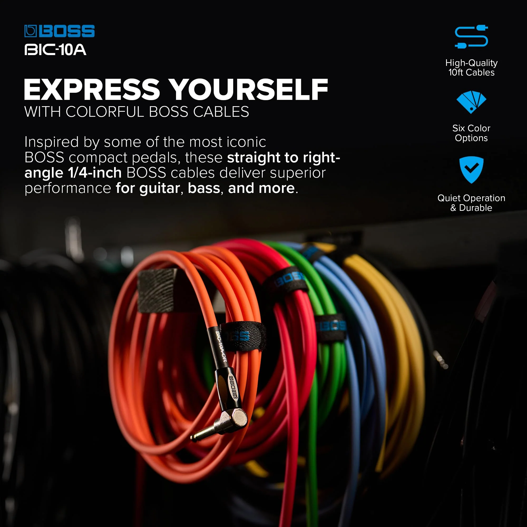 BOSS Colorful Quality Lightweight Instrument Cable (BIC-10A-BK) BLACK - Image 2