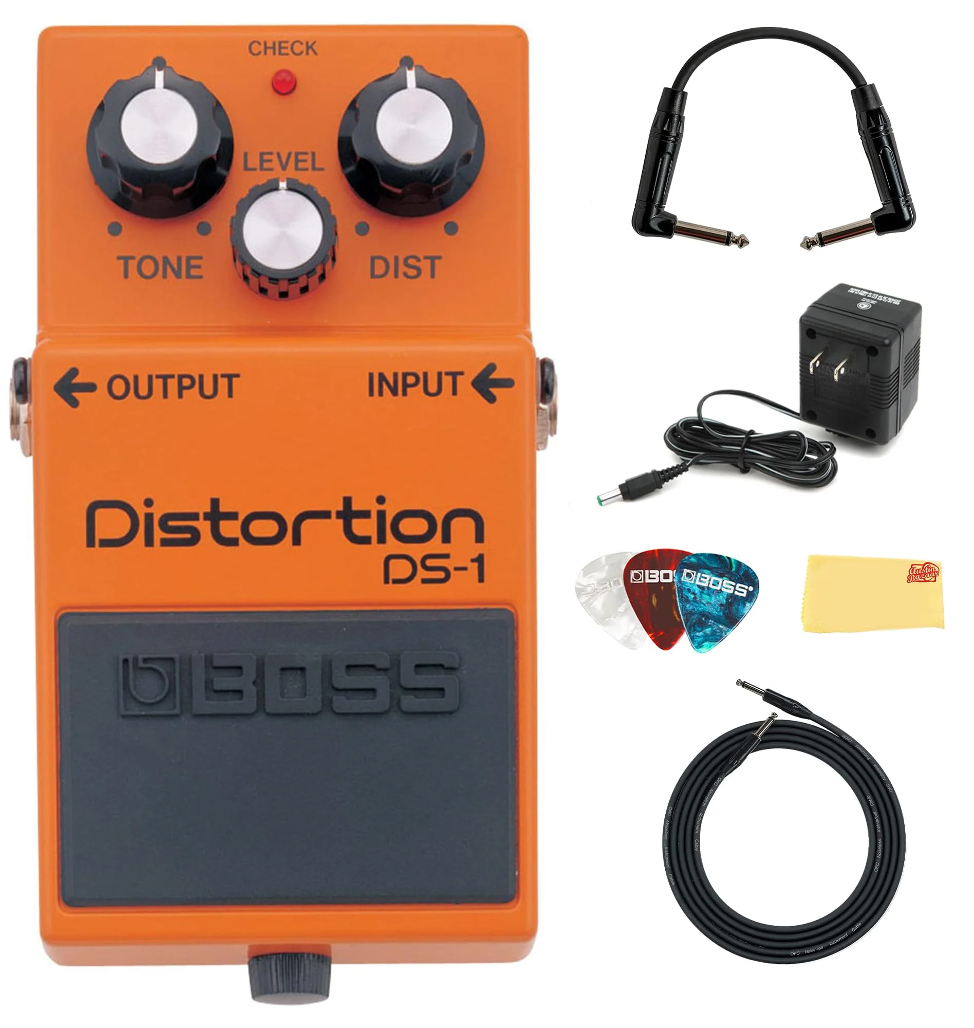 Boss DS-1 Distortion Bundle with Gearlux Power Supply, Instrument Cable, Patch Cable, Picks, and Austin Bazaar Polishing Cloth DS - 1 Bundle w/ Power Supply