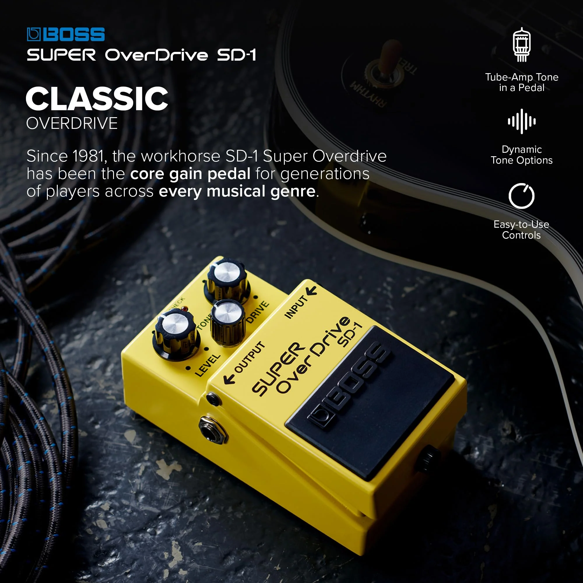 BOSS SD-1 SUPER Overdrive | Compact Overdrive Pedal | Genre-Defining Sound & Feel | Unique Clipping Circuitry Produces Tube-Like Characteristics | Dynamic Tone Options | Easy-To-Use Controls Standard - Image 2