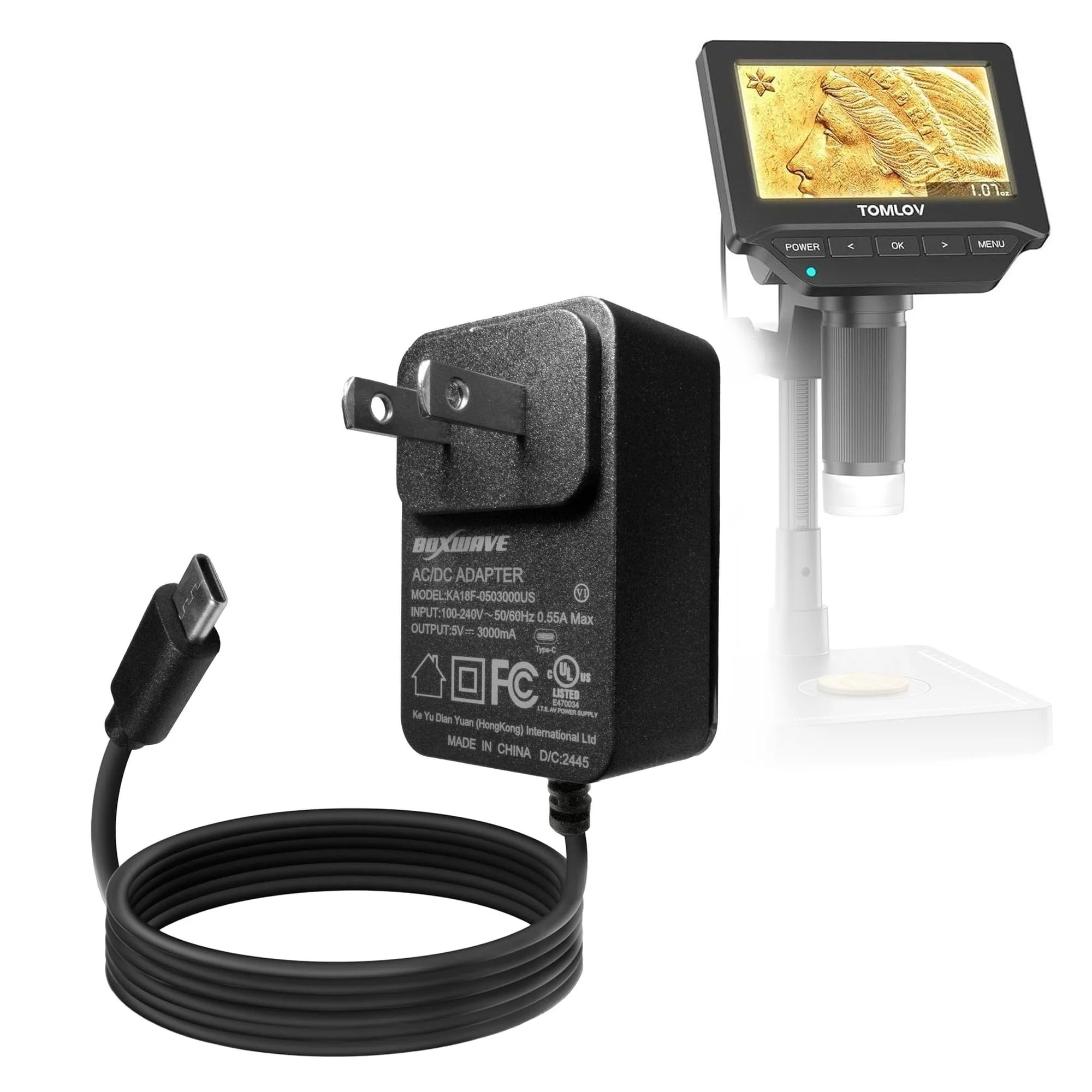 BoxWave Charger Compatible with TOMLOV DM4W Microscope - Wall Charger Direct (15W), Rapid Charge Your Device with Built-in 3ft Cable