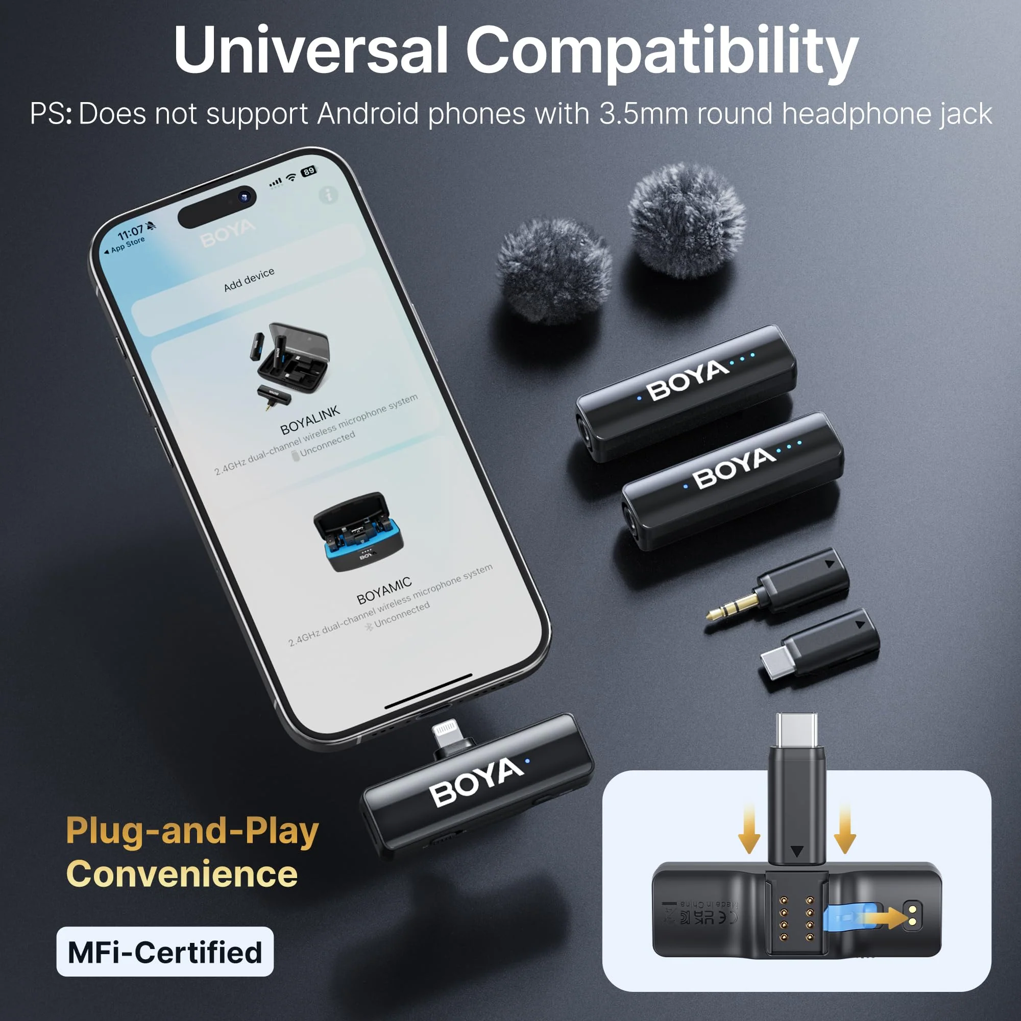 BOYA BOYALINK 2 A2 (2TX+3RX Adapter) Wireless Lavalier Microphone for iPhone Camera Android, Clip on Mic, 48 KHz 24 Bit, 6mm Mic, 1000ft, Noise Cancelling, Mini Lapel Mic USB-C/Lightning/3.5mm TRS BOYALINK V2.0 A2 - Image 3