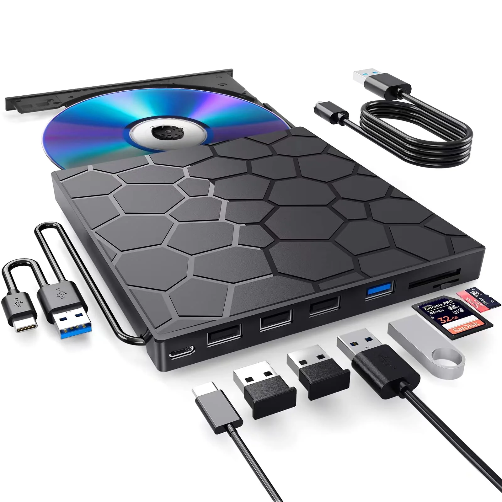 BPAKDU External CD/DVD Drive for Laptop, DVD Player for Laptop, 8 in 1 USB 3.0 Ultra-Slim Portable, CD Burner External Disk Drive Optical Compatible with Desktop Mac,Windows 11/10/8/7 Linux Black
