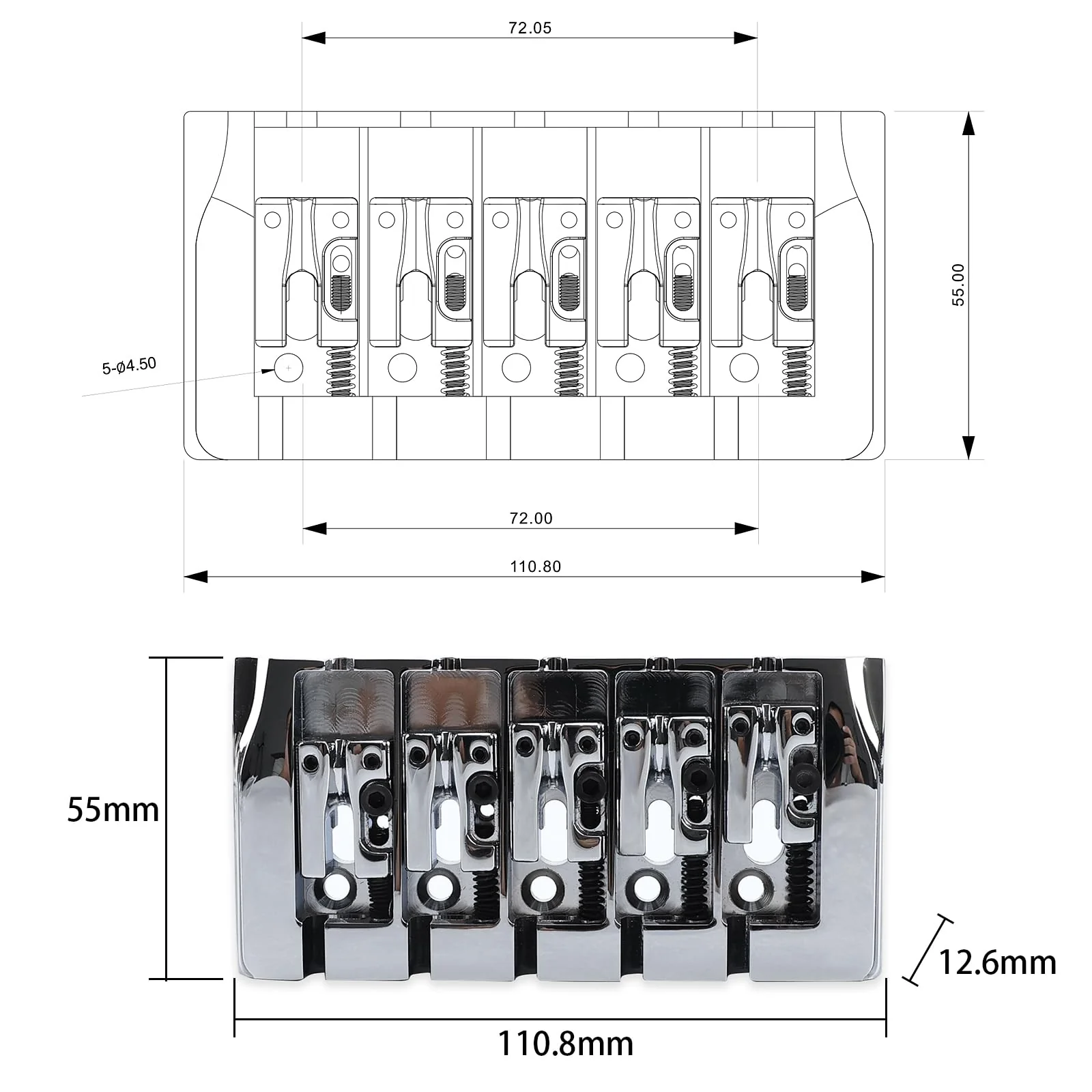 Brass Electric Bass Bridge 5 String Bass Hardtail Bridge 18mm String Spacing Compatible with 5-string Electric Bass Replacement Parts Chrome - Image 6