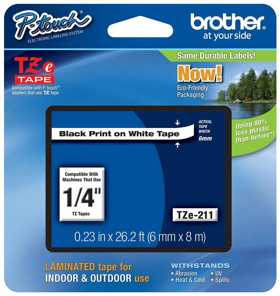 Brother Genuine P-touch TZE-211 Label Tape 1, 1/4" (0.23") Standard Laminated P-touch Tape, Black on White, Laminated for Indoor or Outdoor Use, Water Resistant, 26.2 Feet (8M), Single-Pack 1/4"