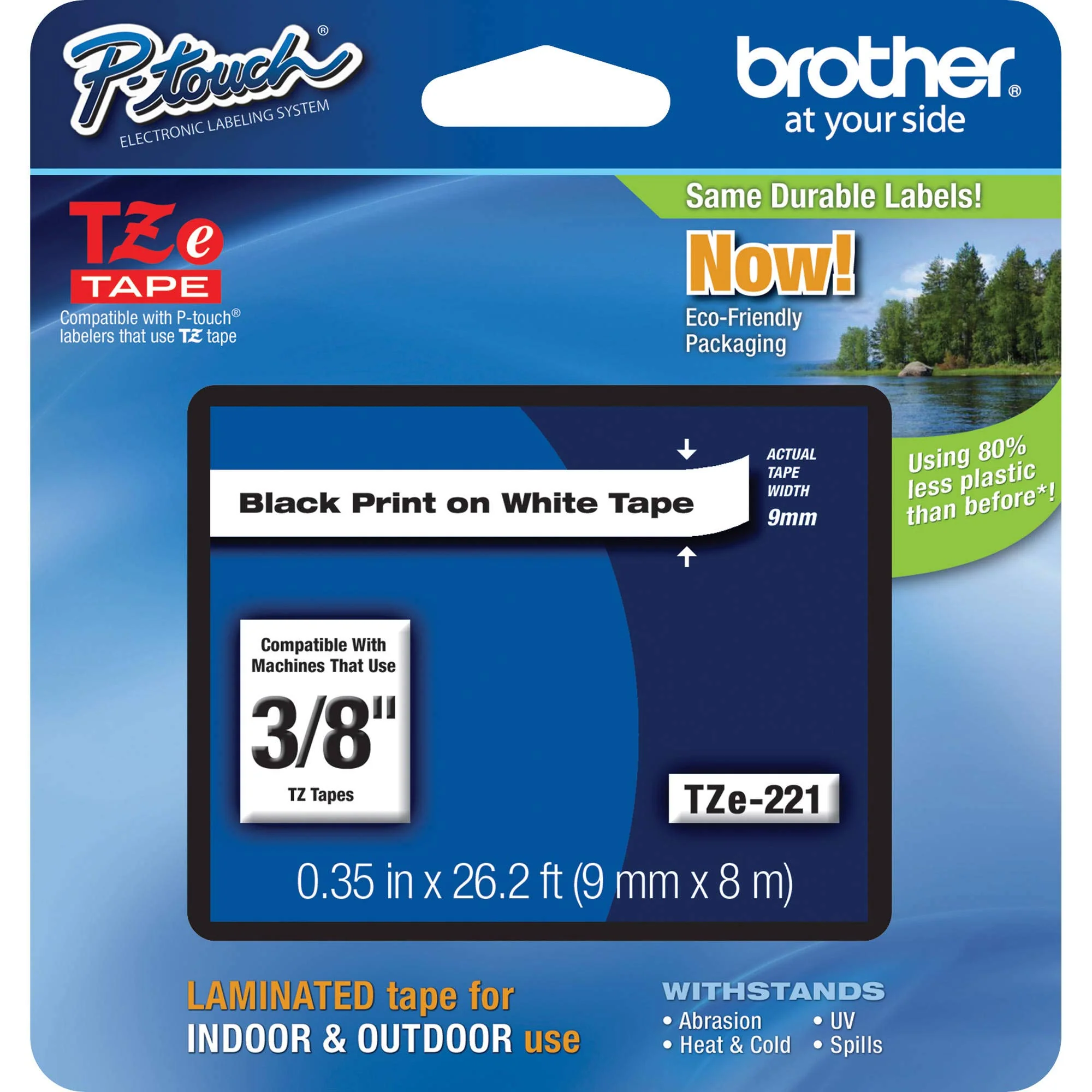 Brother Genuine P-touch TZE-221 Tape, 3/8" (0.35") Standard Laminated P-touch Tape, Black on White, Laminated for Indoor or Outdoor Use, Water Resistant, 26.2 Feet (8M), Single-Pack 3/8"