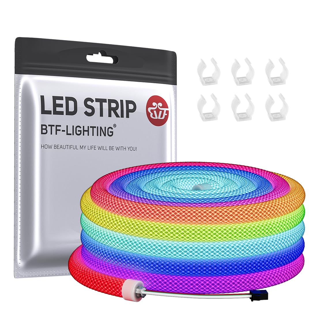BTF-LIGHTING 9.8FT WS2811 WS2812B IC RGB DC5V 360 Degree Round Reticulate Pattern Chasing Color Neon LED Strip Flexible Nylon Silicone IP67 Waterproof Dream Color Rope Light(No Adapter or Controller) 9.8FT-Only Neon Light