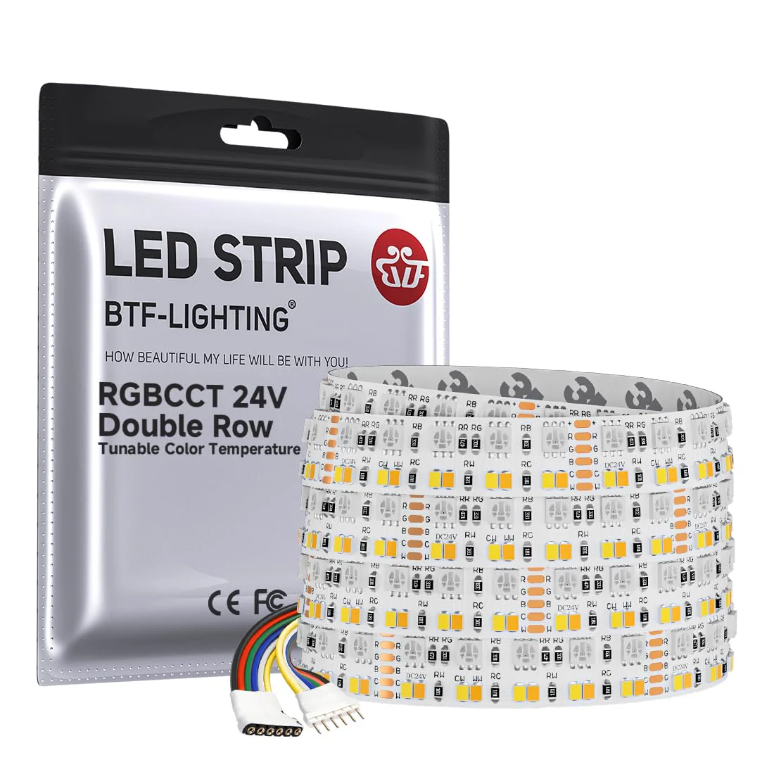 BTF-LIGHTING Double Row 270Leds/M RGBCCT LED Strip Light - 5050RGB+2835,Brighter Tunable White 2700K-6500K & RGB, 24VDC 16.4Ft, for Kitchen, Living Room,15mm Width,IP30, RA>90 (No Adapter/Controller) 270LEDs/m-IP30 White PCB-DC24V