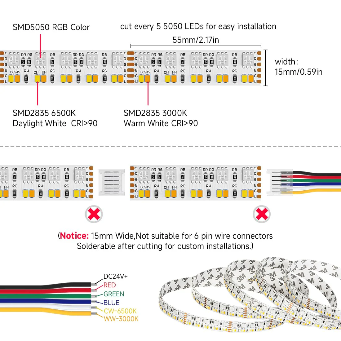 BTF-LIGHTING Double Row 270Leds/M RGBCCT LED Strip Light - 5050RGB+2835,Brighter Tunable White 2700K-6500K & RGB, 24VDC 16.4Ft, for Kitchen, Living Room,15mm Width,IP30, RA>90 (No Adapter/Controller) 270LEDs/m-IP30 White PCB-DC24V - Image 2