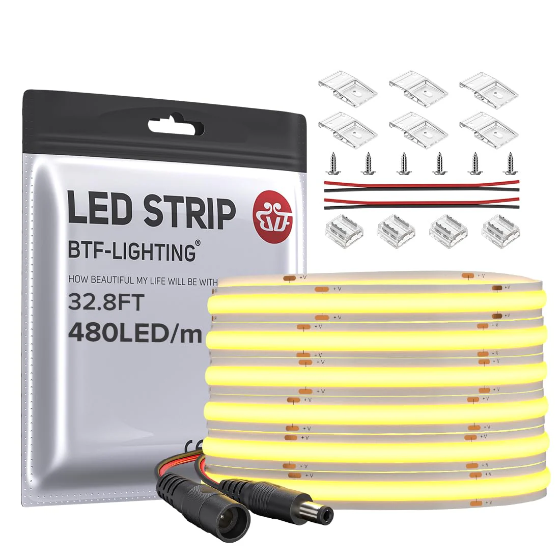 BTF-LIGHTING FCOB COB LED Strip Flexible High Density Uniform Light 9W/m 32.8FT DC24V Warm White 3000K 480LED/m CRI 90+ 8mm Width for Home Indoor Decor(No Adapter or Controller) DC24V 32.8FT IP30