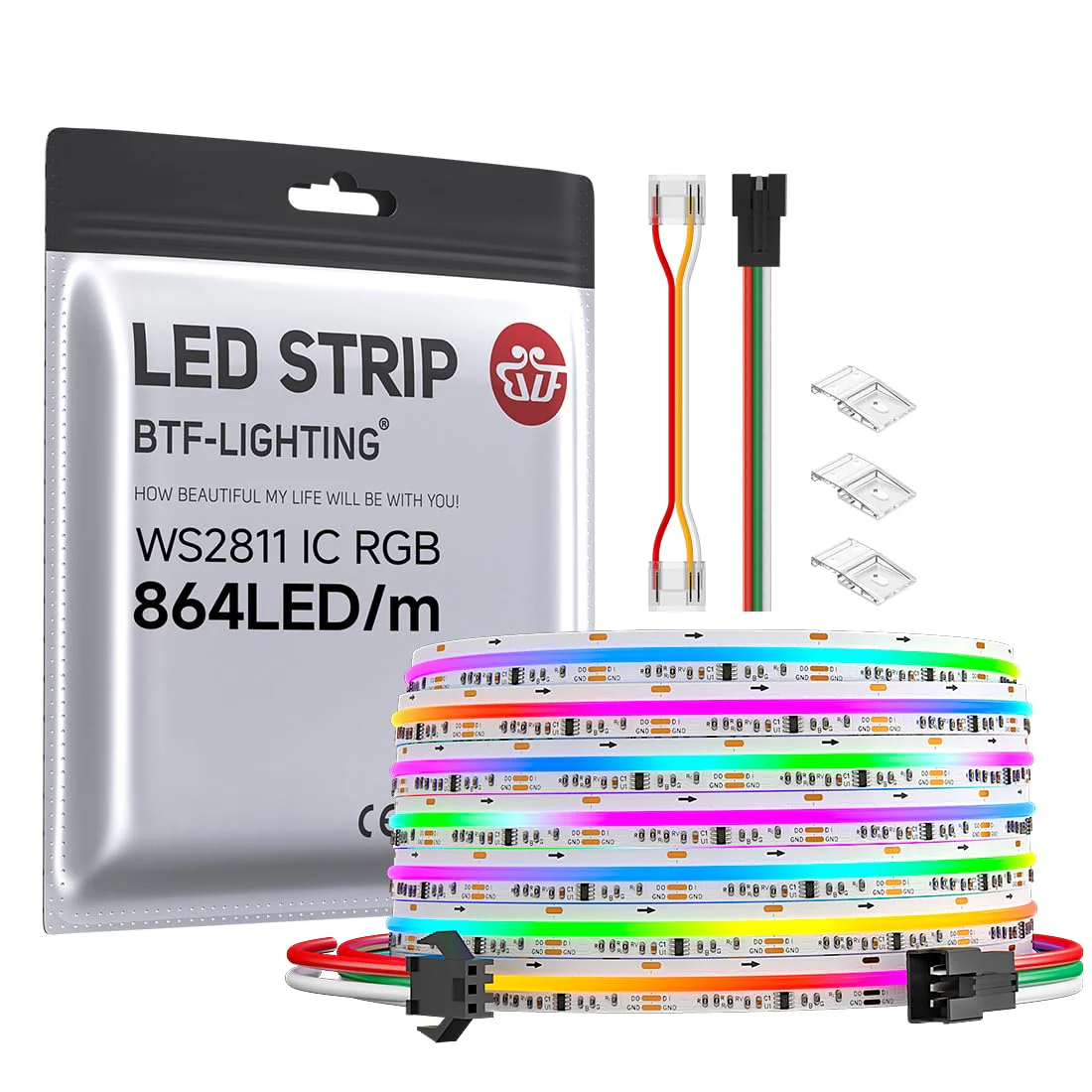 BTF-LIGHTING FCOB WS2811 IC RGB COB LED Strip 864LED/m Flexible High Density Color Chasing Uniform Light DC12V 16.4FT 24IC/m 12mm Width for DIY Lighting Projects(No Adapter or Controller) DC12V IP30 16.4FT 864LED/m