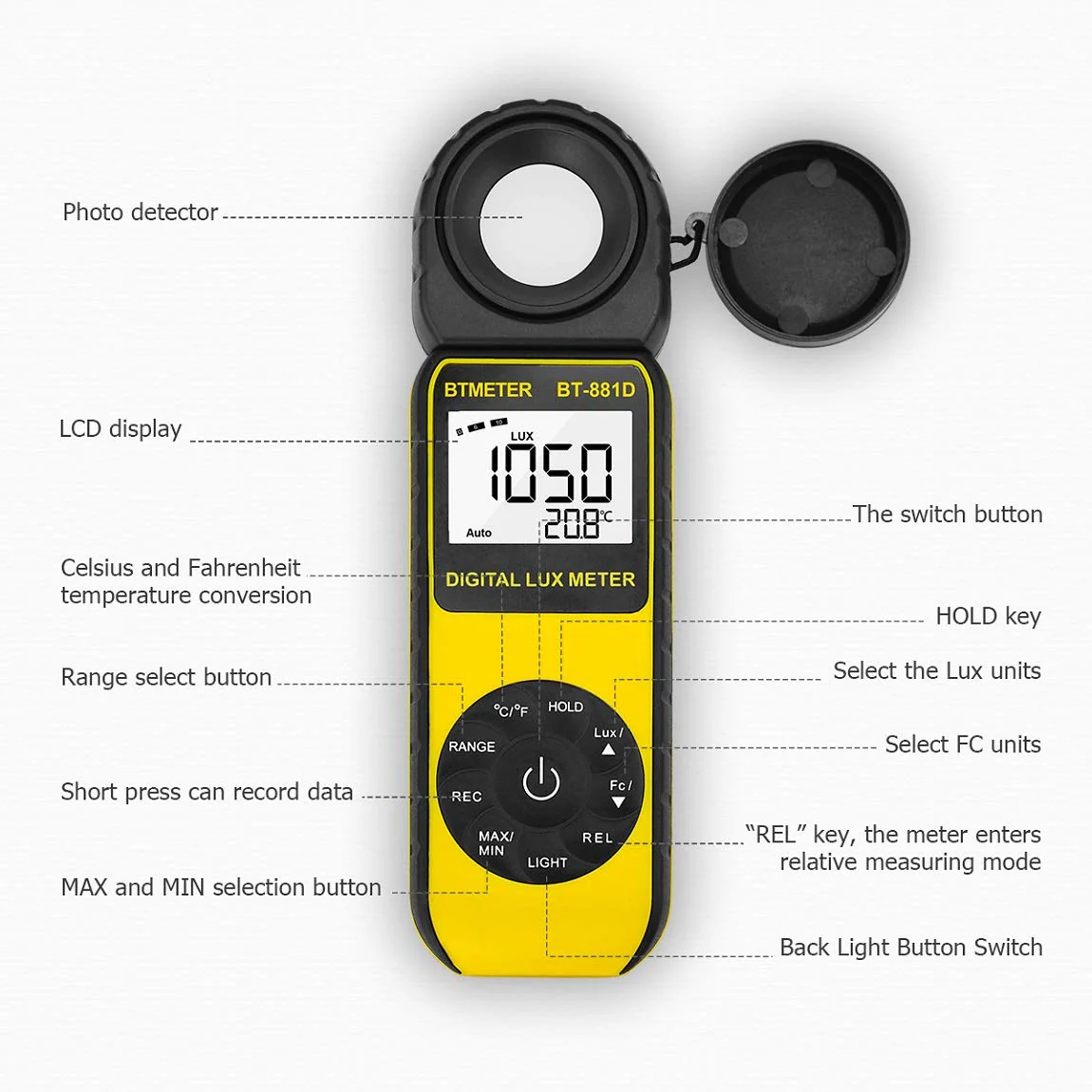 BTMETER BT-881D Digital Illuminance Light Meter, Measure Lights 0.01~400,000 Lux (0.01~40,000 FC) Foot Candles Luxmeter with 270ยบ Rotated Sensor for Plants LED Lights Indoor Outdoor Light Tester BT881D (0.01~400,000 Lux) - Image 4