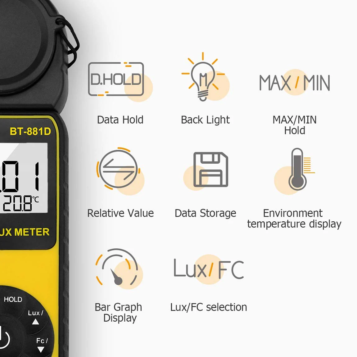 BTMETER BT-881D Digital Illuminance Light Meter, Measure Lights 0.01~400,000 Lux (0.01~40,000 FC) Foot Candles Luxmeter with 270ยบ Rotated Sensor for Plants LED Lights Indoor Outdoor Light Tester BT881D (0.01~400,000 Lux) - Image 5