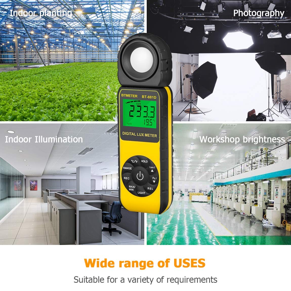 BTMETER BT-881D Digital Illuminance Light Meter, Measure Lights 0.01~400,000 Lux (0.01~40,000 FC) Foot Candles Luxmeter with 270ยบ Rotated Sensor for Plants LED Lights Indoor Outdoor Light Tester BT881D (0.01~400,000 Lux) - Image 7