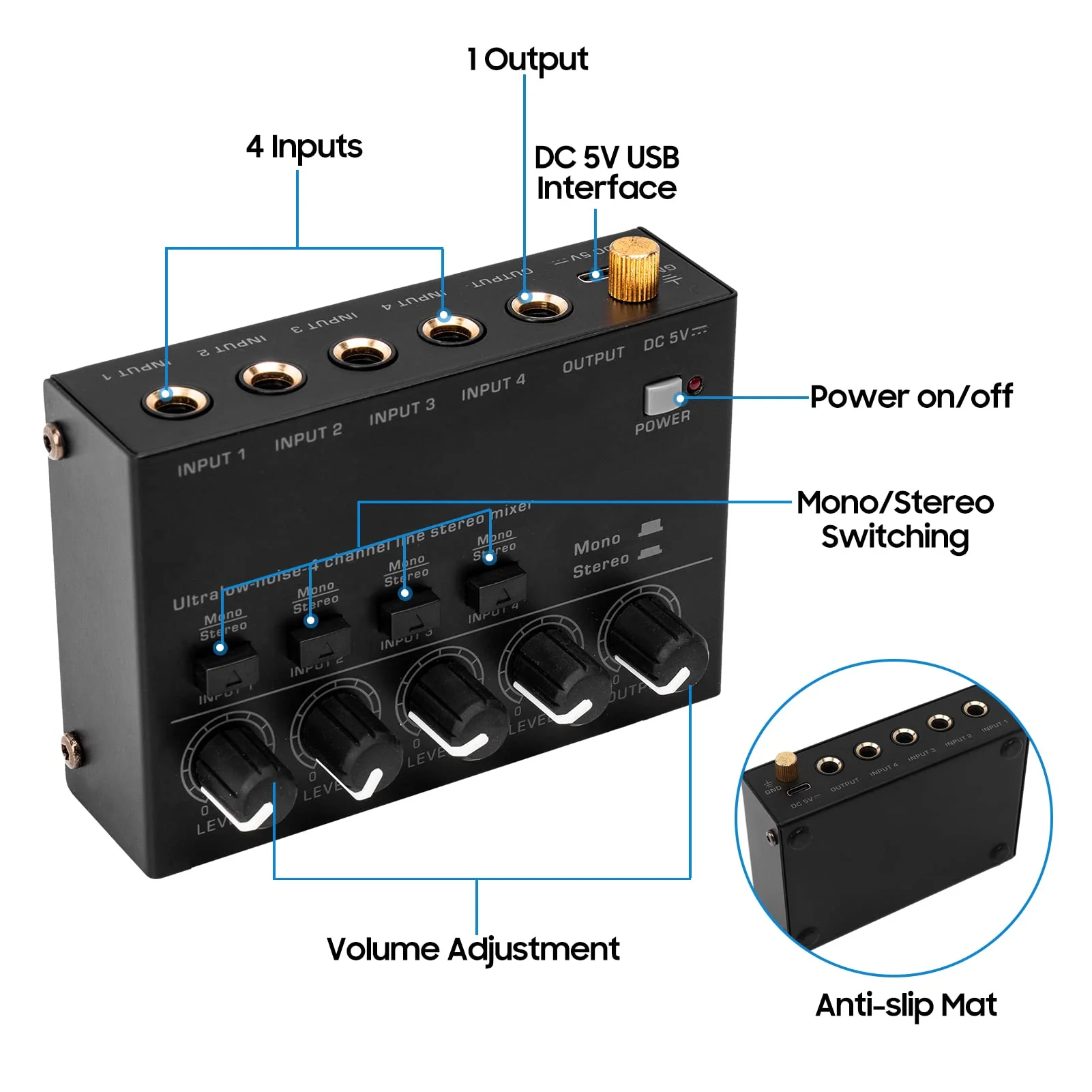 Btuty Ultra Low Noise 4 Channel Line Stereo Mixer 4 Input 1 Output DC 5V Portable Mini Audio Mixer Microphone Guitar Bass Keyboard Mixers for Club Bar Stage Studio - Image 3