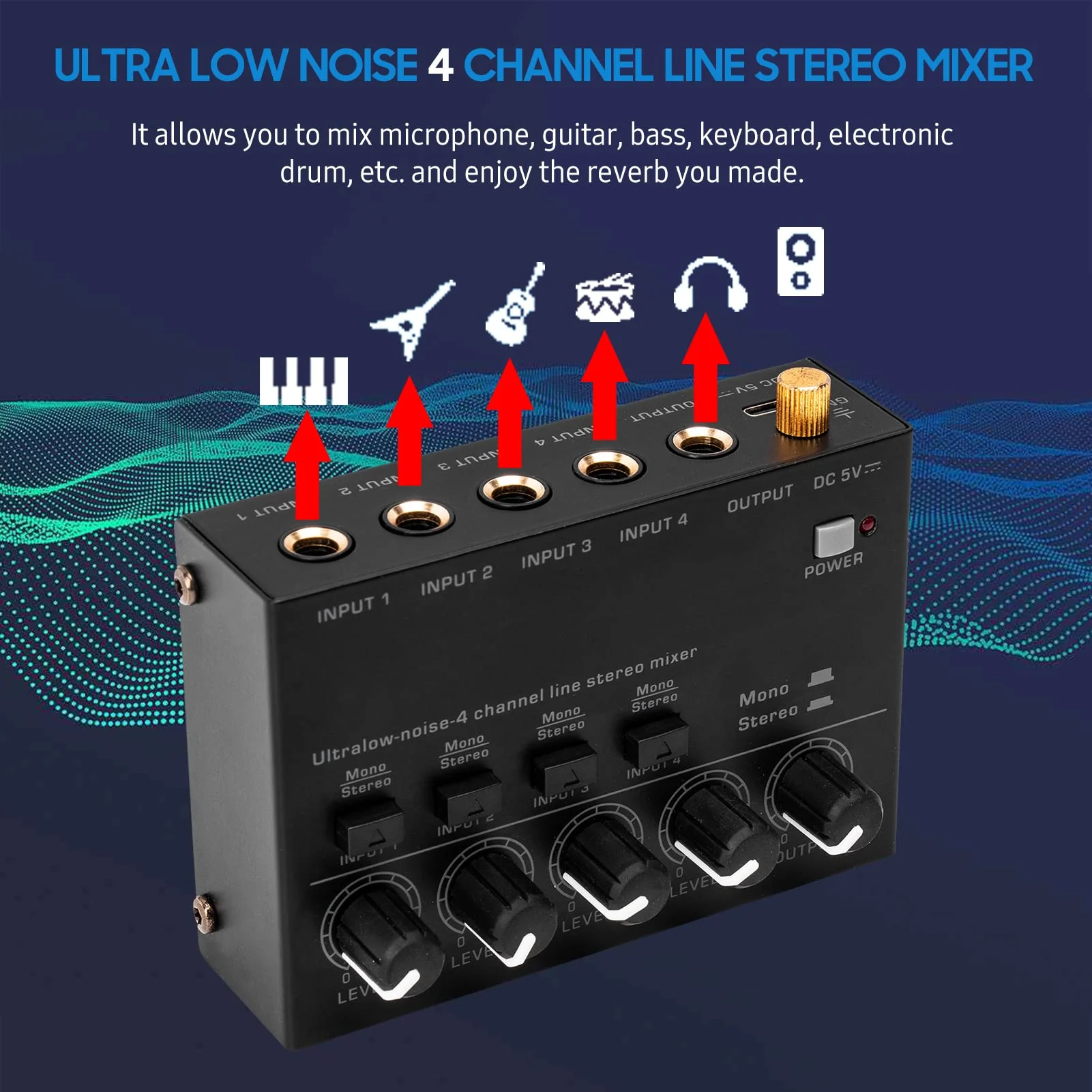 Btuty Ultra Low Noise 4 Channel Line Stereo Mixer 4 Input 1 Output DC 5V Portable Mini Audio Mixer Microphone Guitar Bass Keyboard Mixers for Club Bar Stage Studio - Image 5