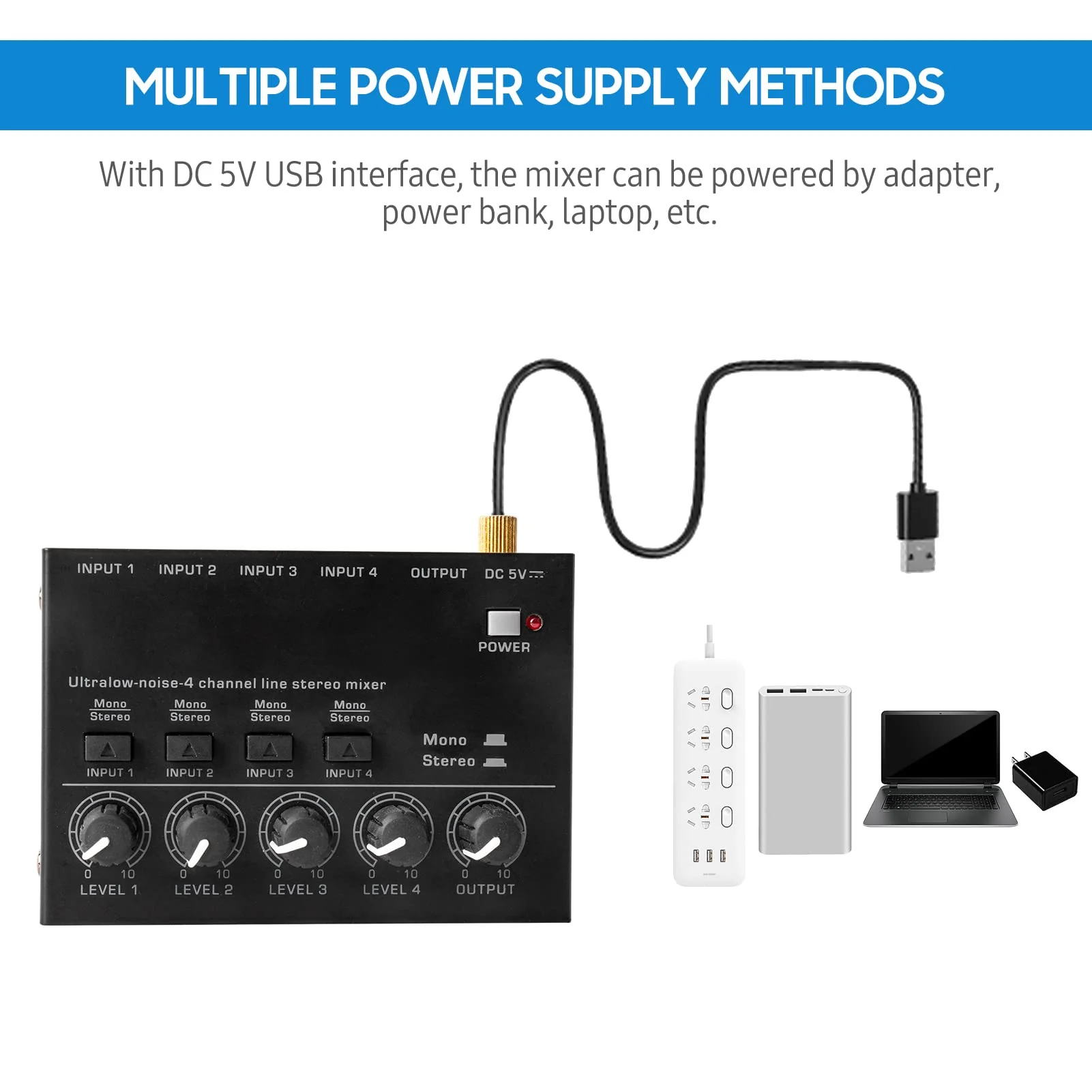 Btuty Ultra Low Noise 4 Channel Line Stereo Mixer 4 Input 1 Output DC 5V Portable Mini Audio Mixer Microphone Guitar Bass Keyboard Mixers for Club Bar Stage Studio - Image 6
