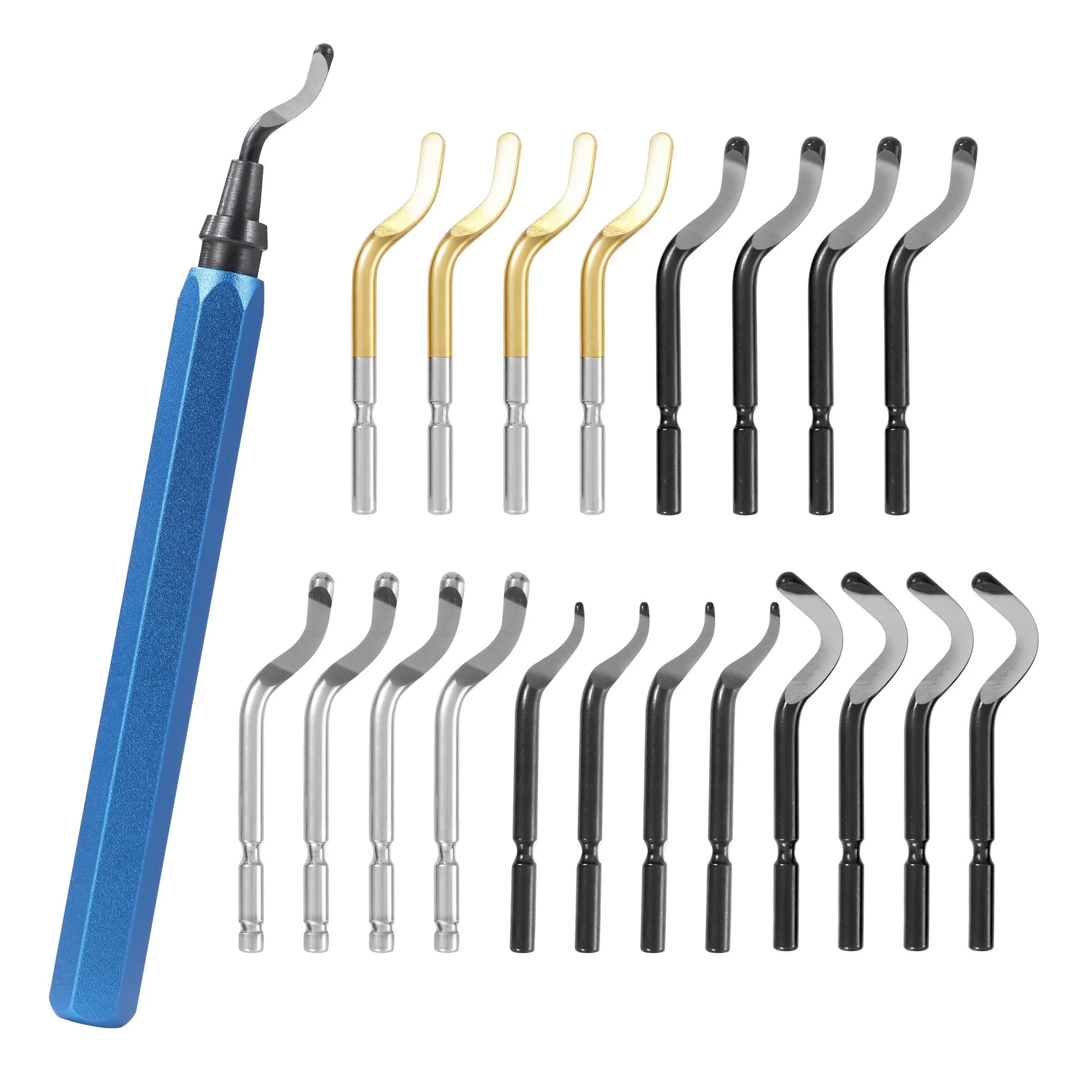 BUCOMTU 360° Rotating Scraper with 20 Replacement Blades, Hand Driver, Wear-resistant Blade Head Made of High-Speed Steel, Non-Slip Aluminium Handle, Suitable for Metal/Plastic/3D Printing
