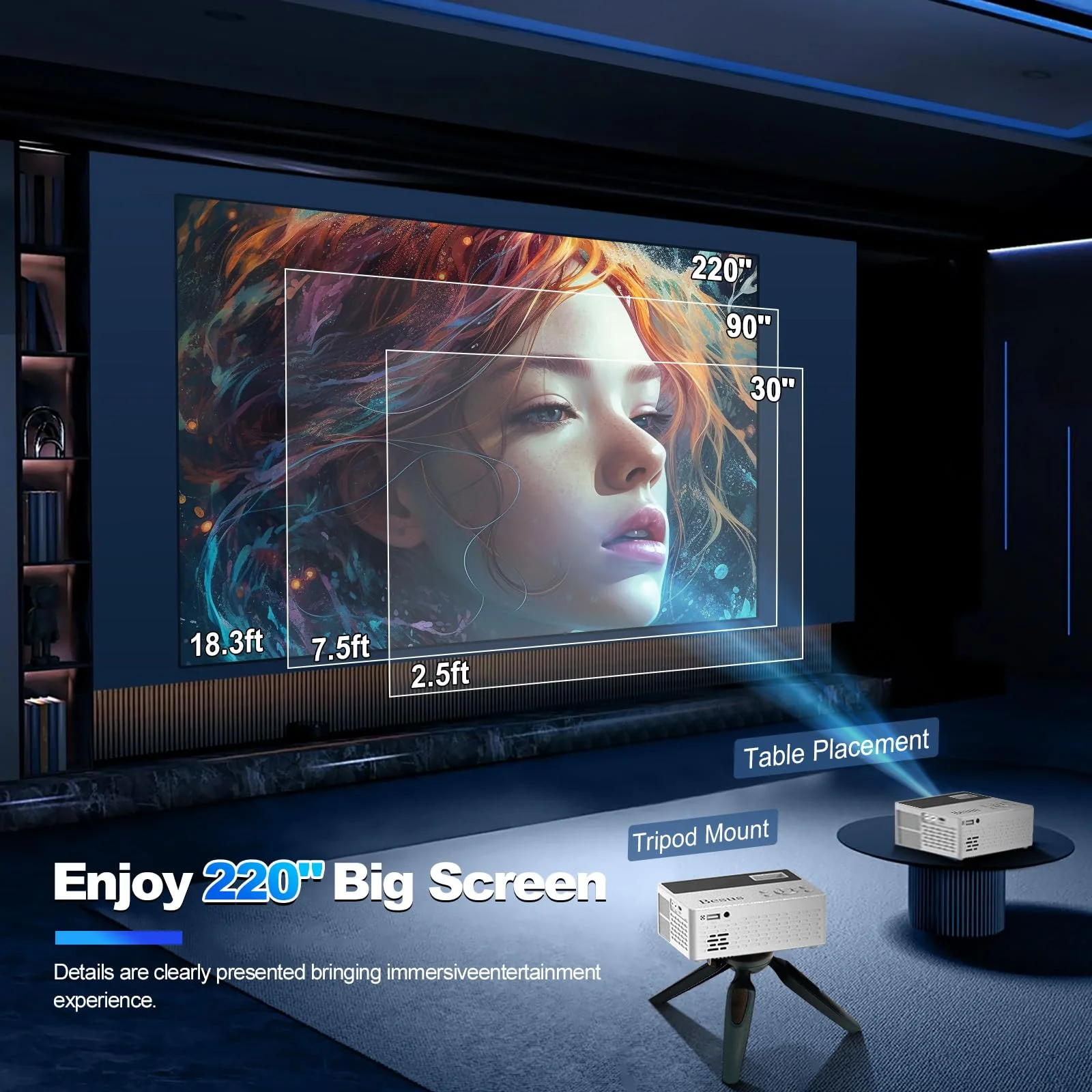 [Built-in Apps] 5G WiFi Bluetooth Smart Projector,Comes with a mini stand ,Mini Projector with Stereo Speaker,4K support HD Portable Projector, Compatible with TV Stick Smartphone/ pc/USB (With Apps) With Apps - Image 3