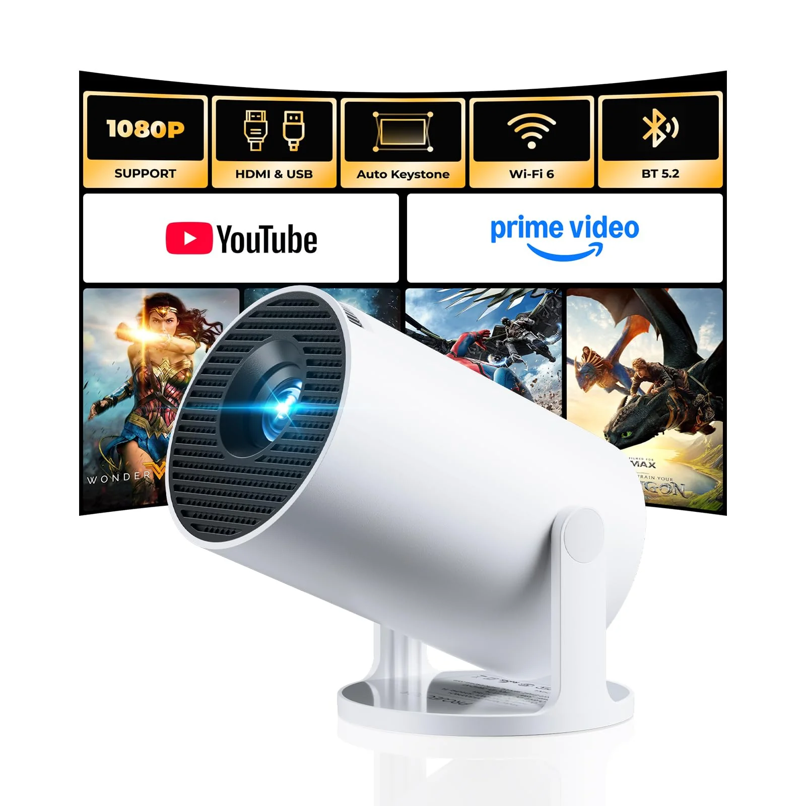 [Built-in Apps] CLOKOWE Mini Projector with WiFi and Bluetooth, 2026 Upgraded 1080P Smart Portable Projector with 180° Rotation, Auto Keystone, Compatible with iPhone/Android/Laptop/TV Stick/HDMI/USB white
