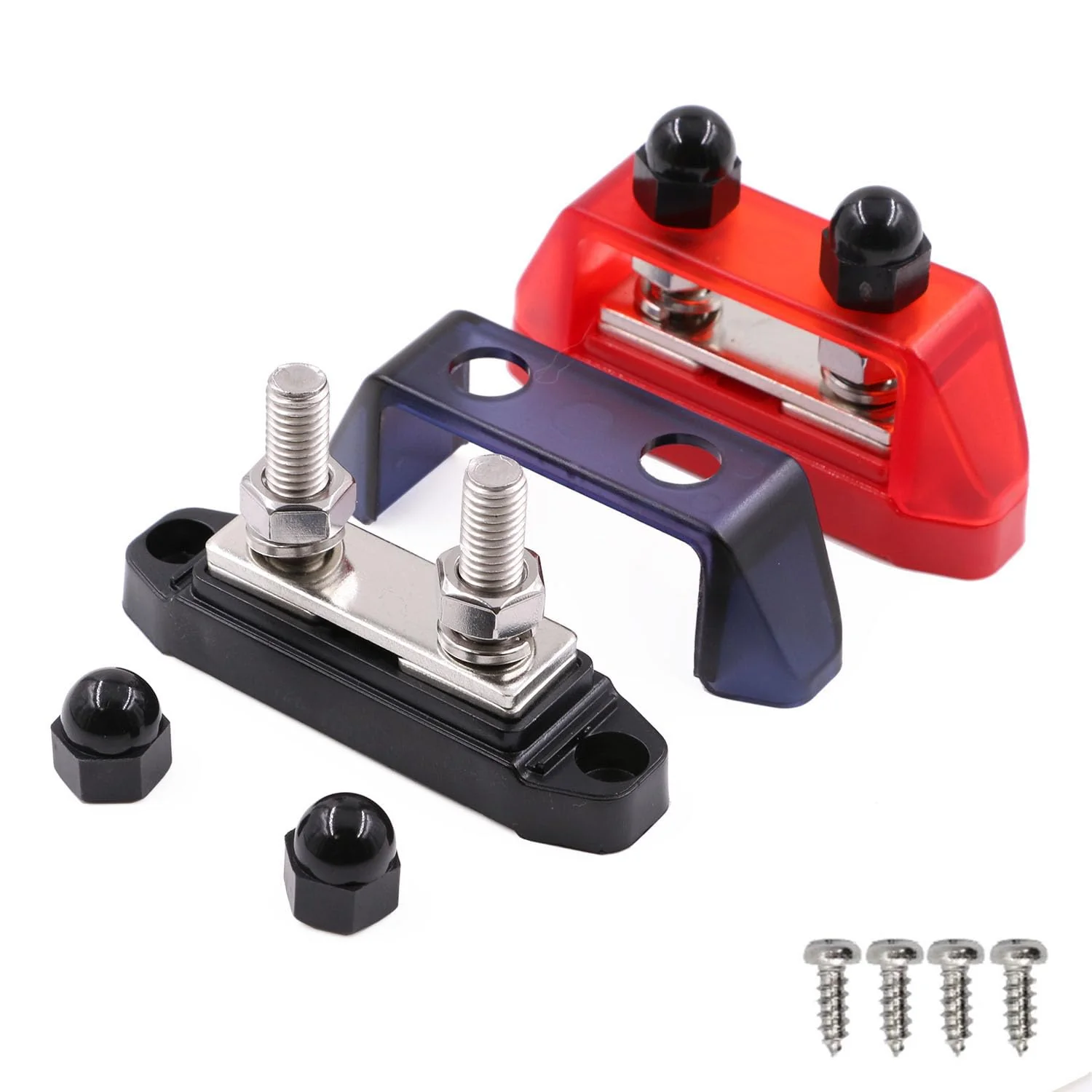 Bus Bar 12V-48V DC 250A Busbars Battery Distribution Block with Dual 5/16" (M8) Posts Terminals Block, 250 Amp Powerbar with Cover Positive & Ground for Car RV Solar Boat, Red& Black 2 Pack Dual 5/16" Posts Terminal with Cover