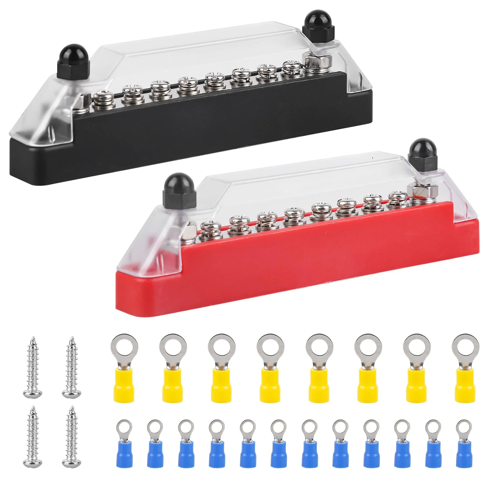 Busbar Distribution Block 12V-48V DC, Pack of 2 150A BusBar Distribution Block with 6 x M8 Terminal Bolts and 2 x M6 Terminal Bolts, 150A BusBar Box for Boat, Truck, Bus