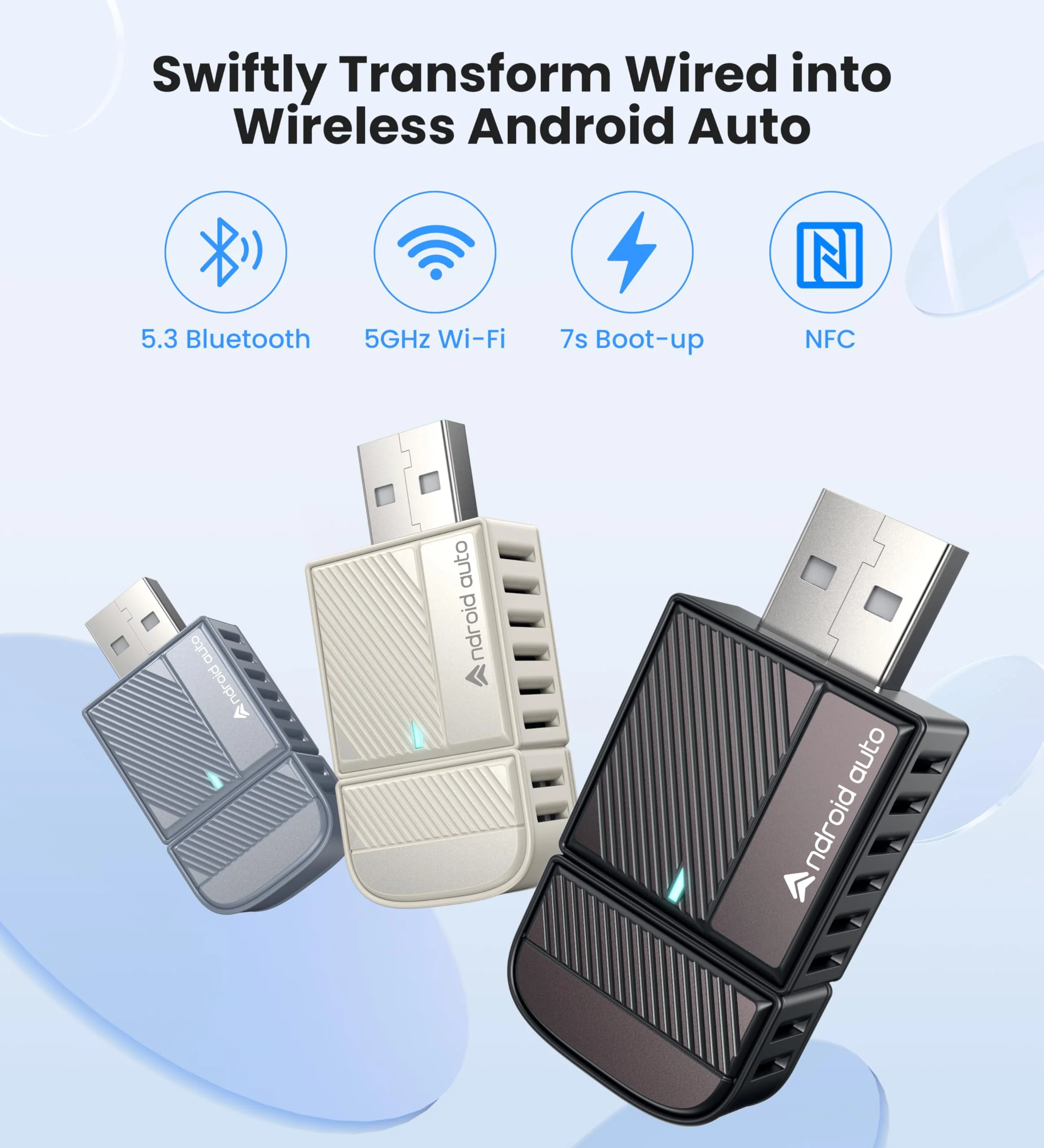ByteWave Android Auto Wireless Adapter, 2025 NFC Convert Wired to Wireless Android Auto Car Adapter with 5.8GHz WiFi, Mini Android Auto Dongle Compatible for Android 12+ and 2016+ Cars, USB-A/C, Black - Image 2